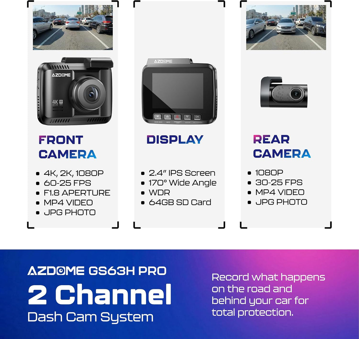 AZDOME GS63H Pro 2CH Dash Cam 4K with Super Night Vision & ADAS 24H Parking Mode - 4K Dual Dash Cam - Built-in WiFi - GPS Tracking - Collision Detection - Multiple Parking Modes