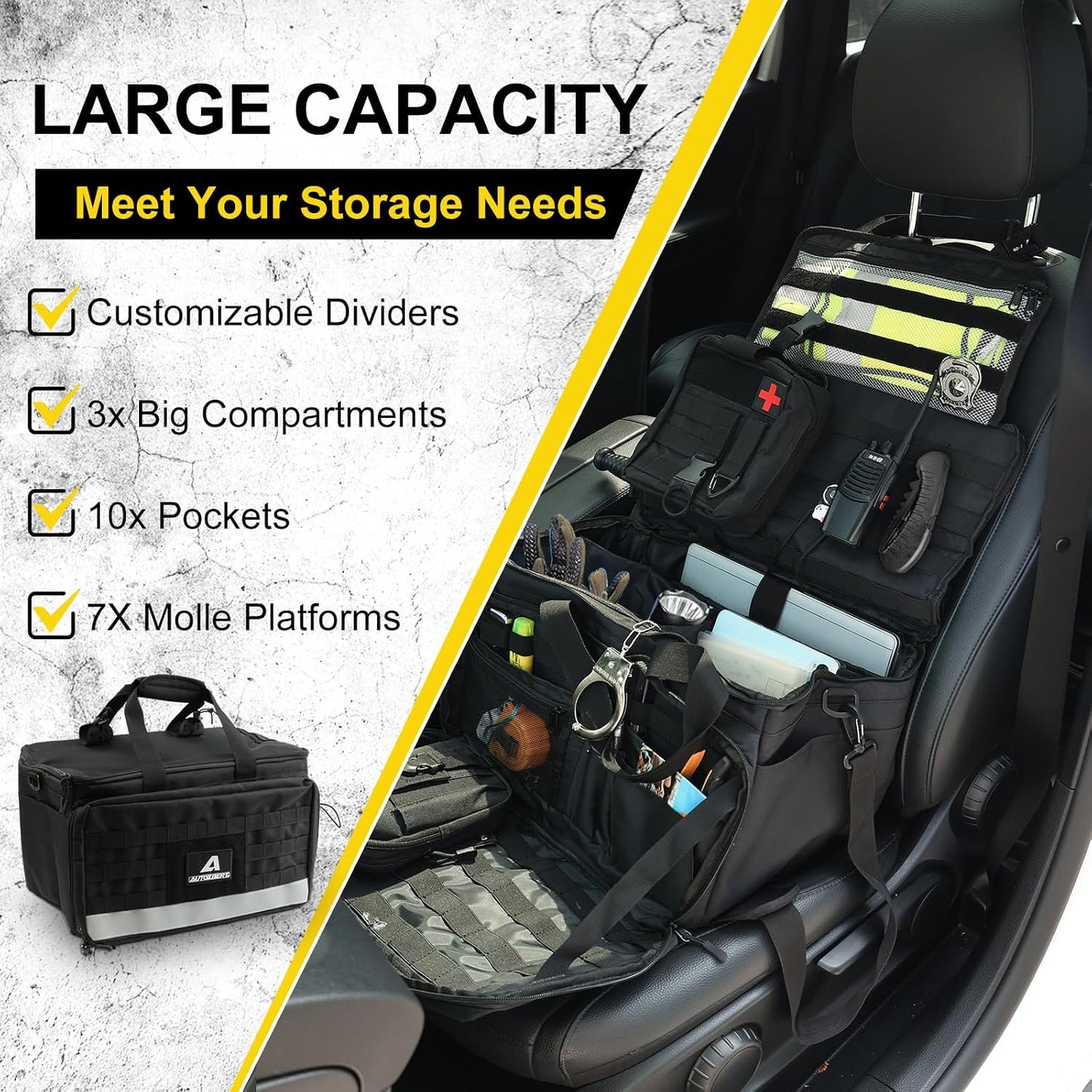 Patrol Bag Law Enforcement,Police Gear Bag with MOLLE System and Cup Holders,Hanging Car Front Seat Organizer,Multiple Compartment Tactical Officer Duty Bags,Police Car Accessories for Passenger Seat