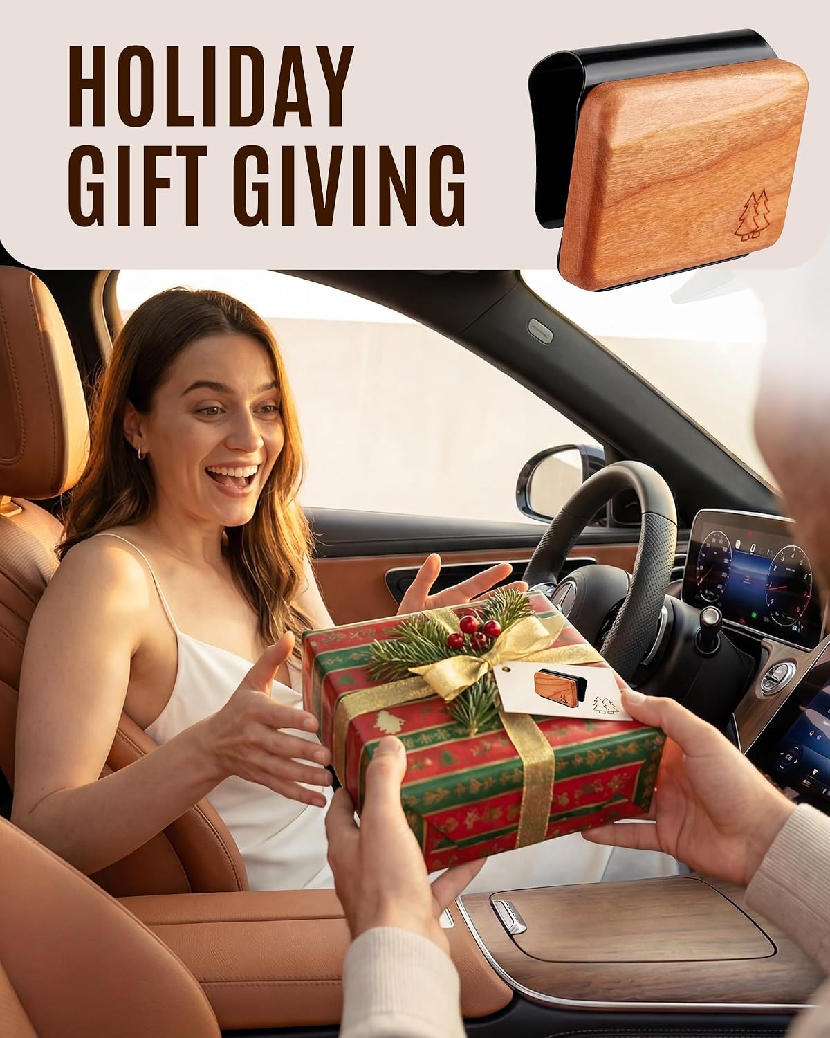 Natural Wooden Car Air Freshener for Visor Clip- Natural Teak/Cabana/Amber Scents, Long-Lasting Odor Eliminator with Metal Clip, 3 Refillable Wood Chips for Cars/Trucks/SUVs