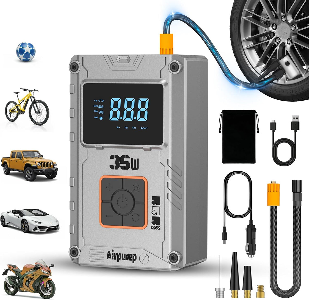 Portable Air Compressor Tire Inflator, 150 PSI Car Tire Air Pump, 6000mAh Digital Display Cordless Tire Inflator for Car Tires, Portable Tire Inflator for Motorcycles, Bikes, Car Accessories
