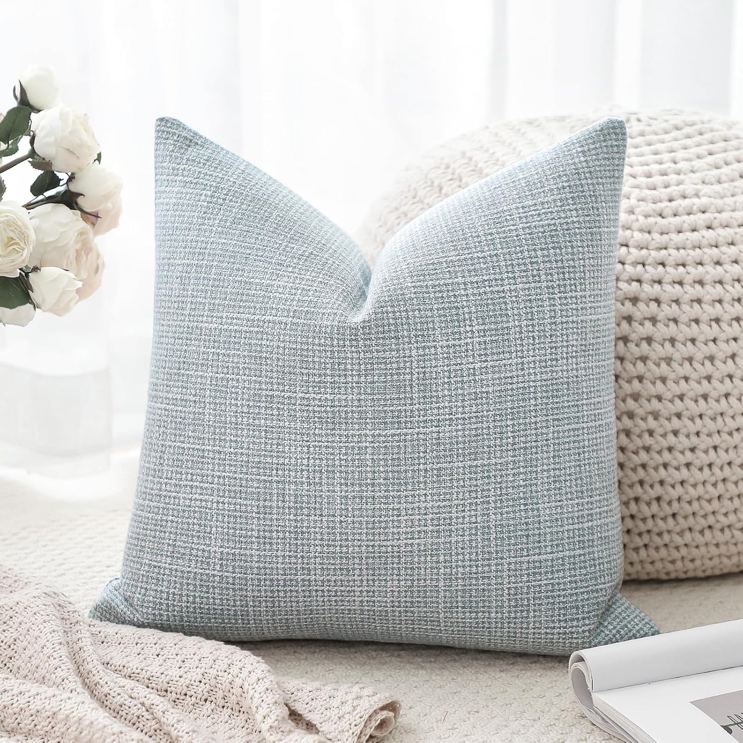 OTOSTAR Linen Throw Pillow Cover Set of 1 Decorative Square Pillowcases Cushion Covers 24x24 Inch for Home Decor Sofa Bedroom Car 60 x 60CM Blue Grey