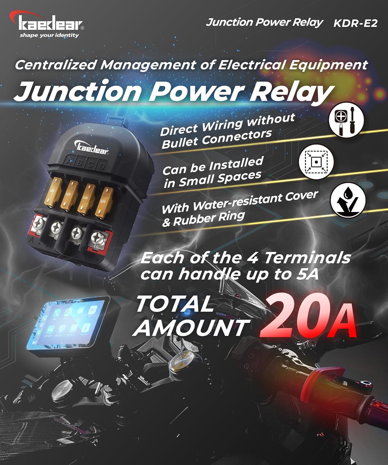 KAEDEAR Motorcycle Power Relay Kit DC12V 20A, Waterproof 4-Way Fuse Block Acc Splitter, Quick-Connect Stripped Wires, 4 Accessory Power Distribution Junction Box - Junction Power Relay KDR-E2