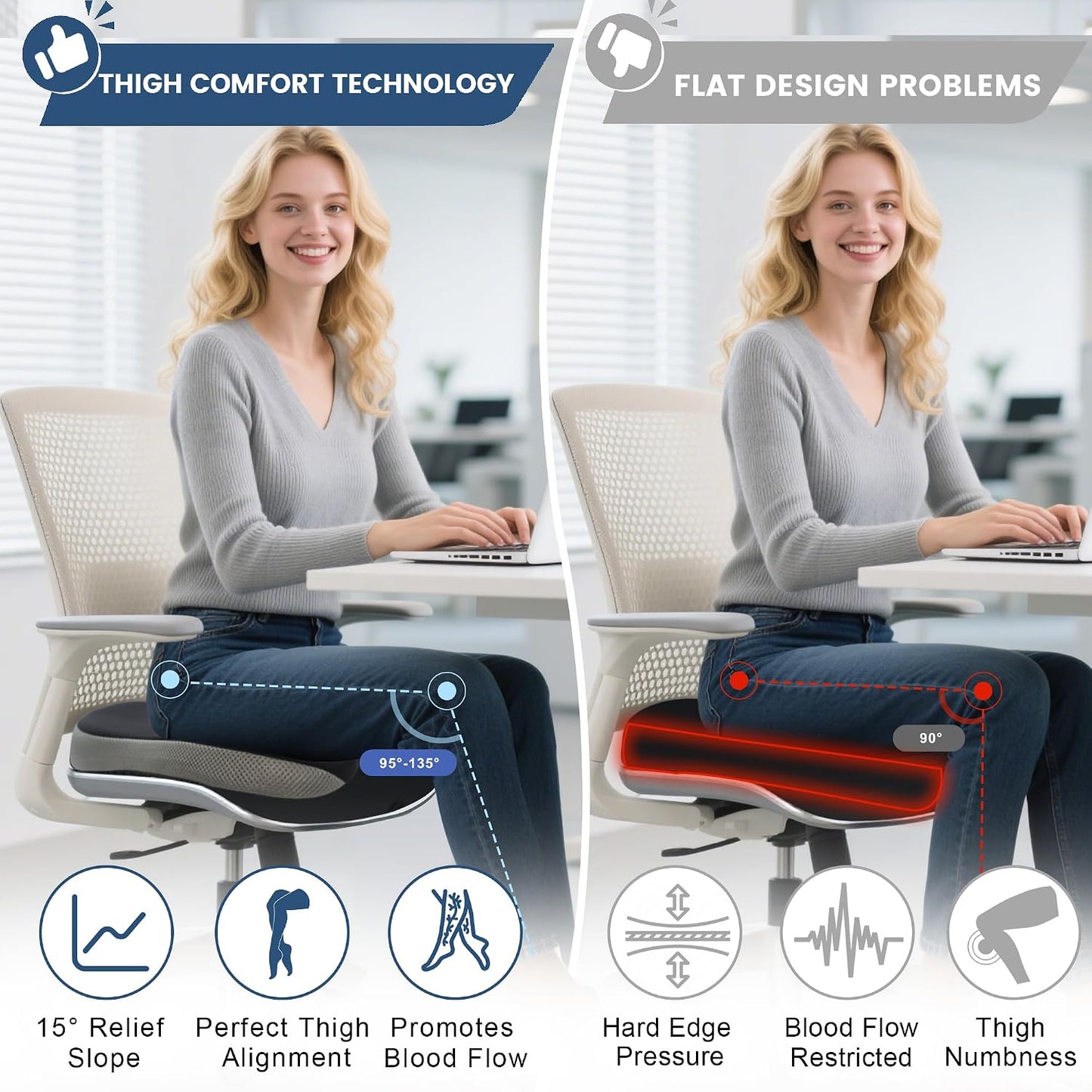Seat Cushion for Office Chair, Wedge Car Seat Cushion, Memory Foam Truck Seat Cushion for Sciatica Tailbone Pain Relief, Long Driving, Coccyx
