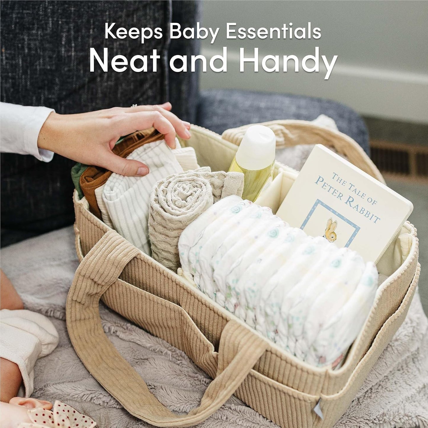 PUTSKA Baby Diaper Caddy Organizer for Changing Table – Stylish Nursery Storage Basket, Newborn Essentials, Baby Shower Gifts and Registry Must-Haves for Boy or Girl, Car Diaper Caddy, Corduroy Mocha