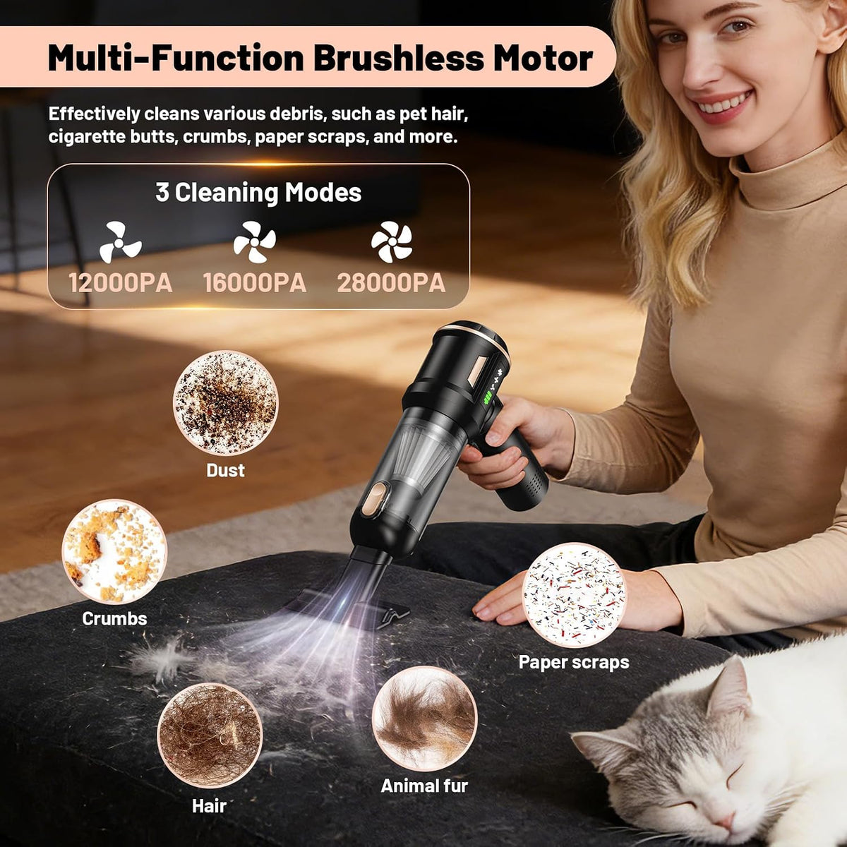 28000Pa Cordless Handheld Vacuum Cleaner, 4 in 1 Car Vacuum Air Duster & Blower Hand Held with 6000mAh LED Battery Display, Brushless Motor for Car, Home, Office, Pet Hair