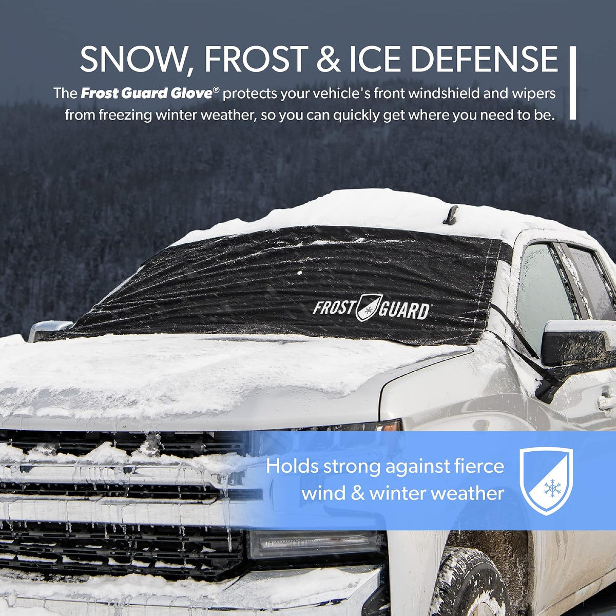Frostguard Glove | Car Windshield Cover for Ice and Snow - Standard Size, Fits Sedans and Compact Cars - Features Elastic Loops, Security Panels + Storage Pouch - Black, Measures 59 x 41 Inches