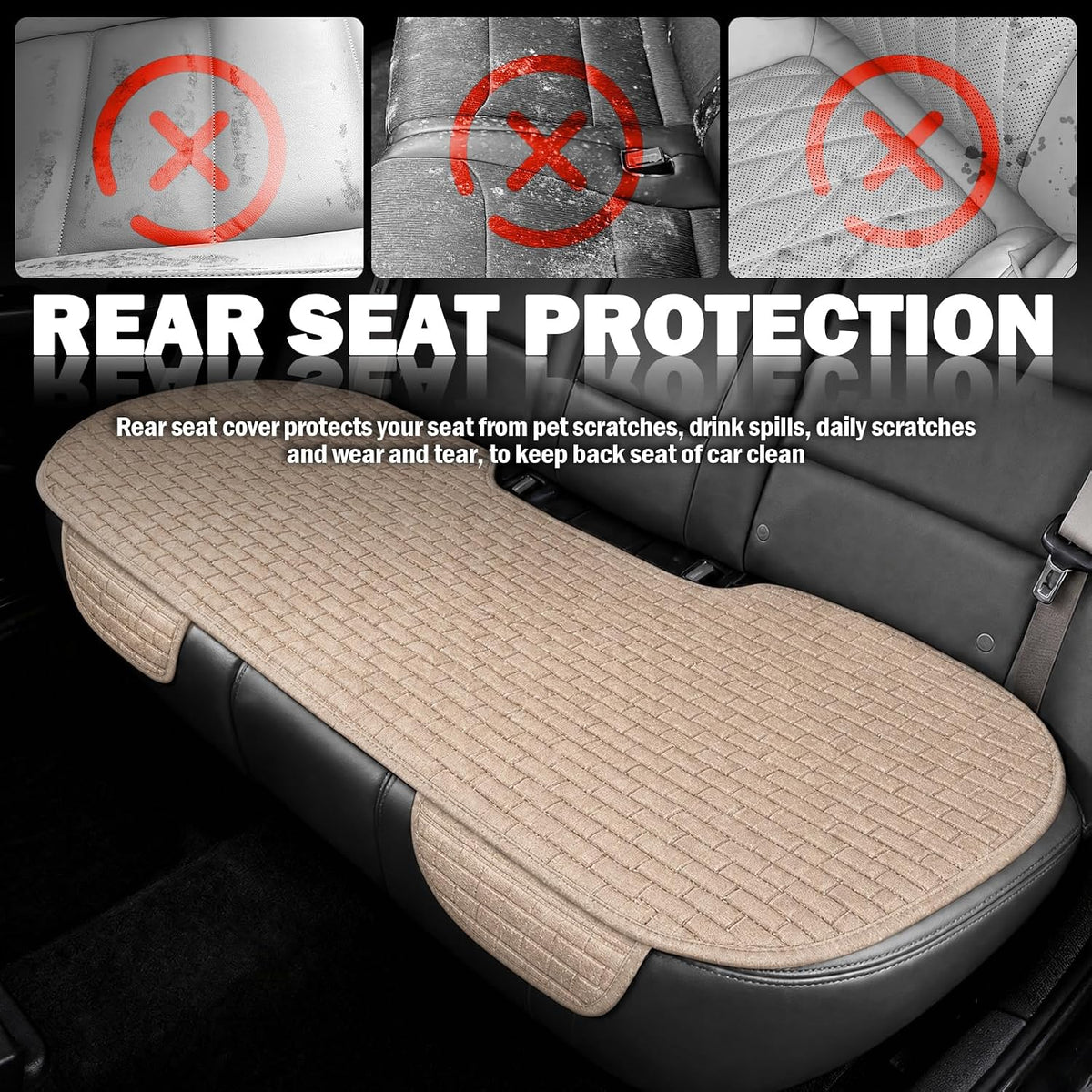 Car Back Seat Cover with Side Pockets,Breathable & All-Season Bench Seat Cover for Back Seats Protection,Anti-Slip Backs Seats Protector Car Interior Accessories for Cars,SUVs (Rear Seat/Beige)