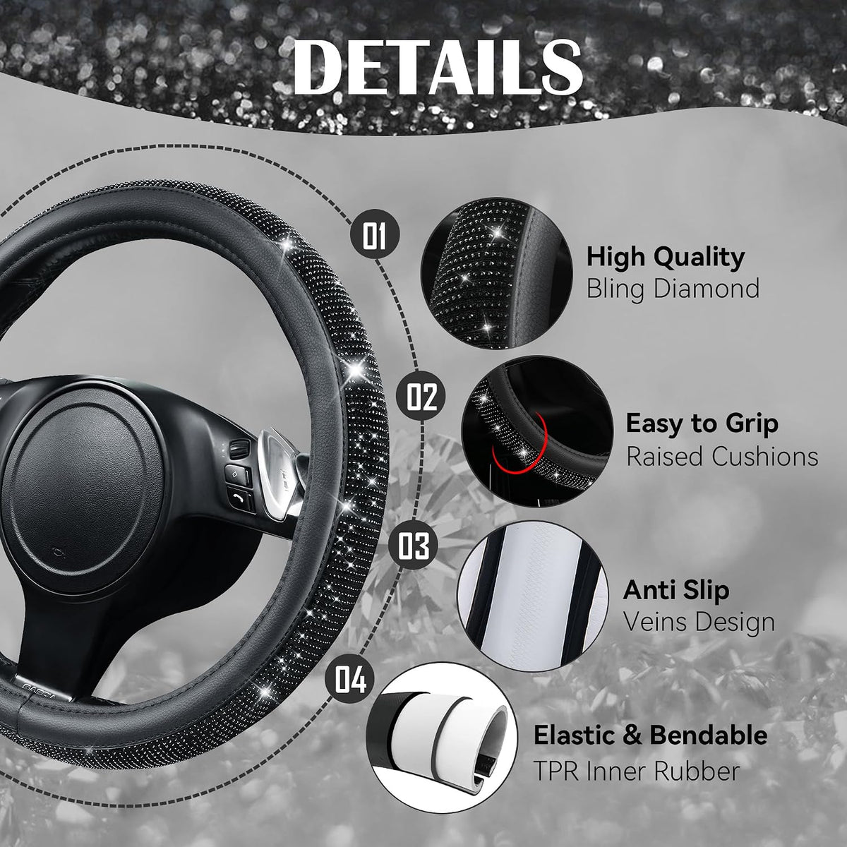 CAR PASS Bling Diamond Leather Steering Wheel Cover 14.5in-15in Floor Mats Shining Rhinestone Carpet Sparkly Glitter Crystal Anti-Slip Pad Fit Automotive SUV Pickup Truck Girl Women, 5pcs Black