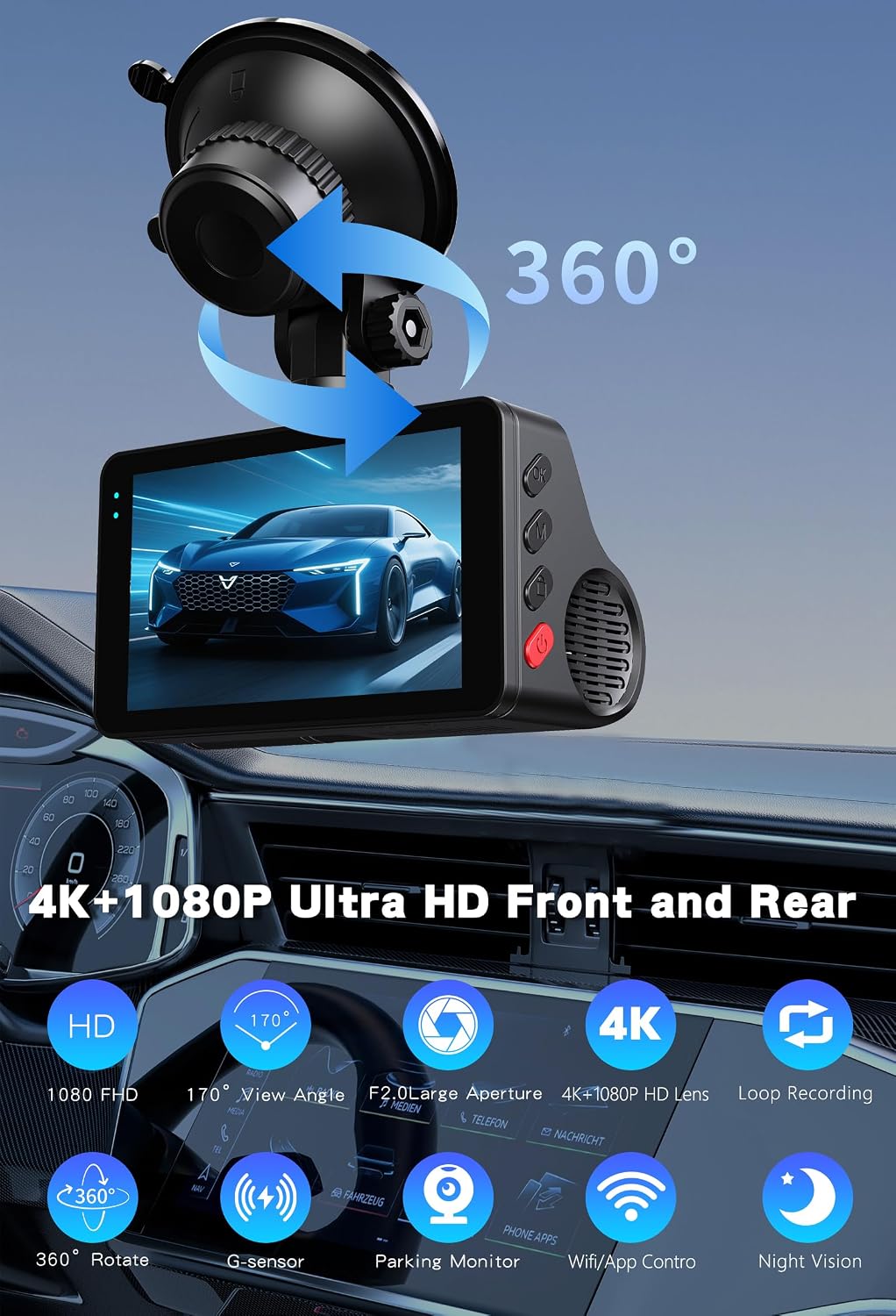 4K Dash Cam Front and Rear,G-Sensor, Free 64GB Card Included, 5.8GHz WiFi Dash Cam for Cars, 3" HDIPS, 24H Parking Monitor,Night Vision,Time-Lapse Recording