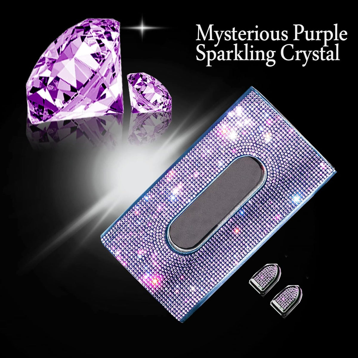Car Visor Tissue Holder, Sparkling PU Leather Mask Box, Bling Crystals Cover Case & Glitter Mask Hook Clip for Women (Purple)