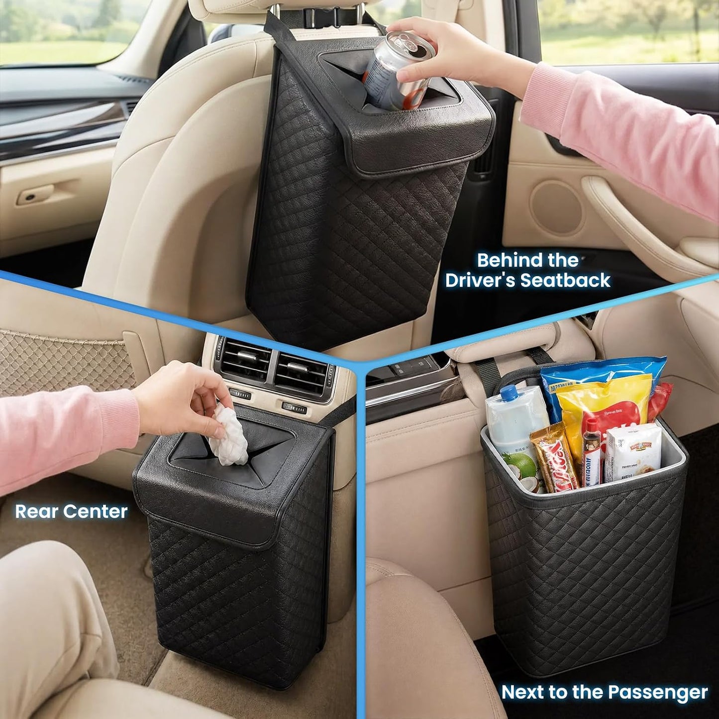 Tsumbay Car Trash Can with Lid, Leather Garbage Can, Leakproof and Removable Interior Liner, Multipurpose Hanging Garbage Bin with Quick Access Magnetic Opening, Trash Bin for Car (2 Gallon/7.5L)
