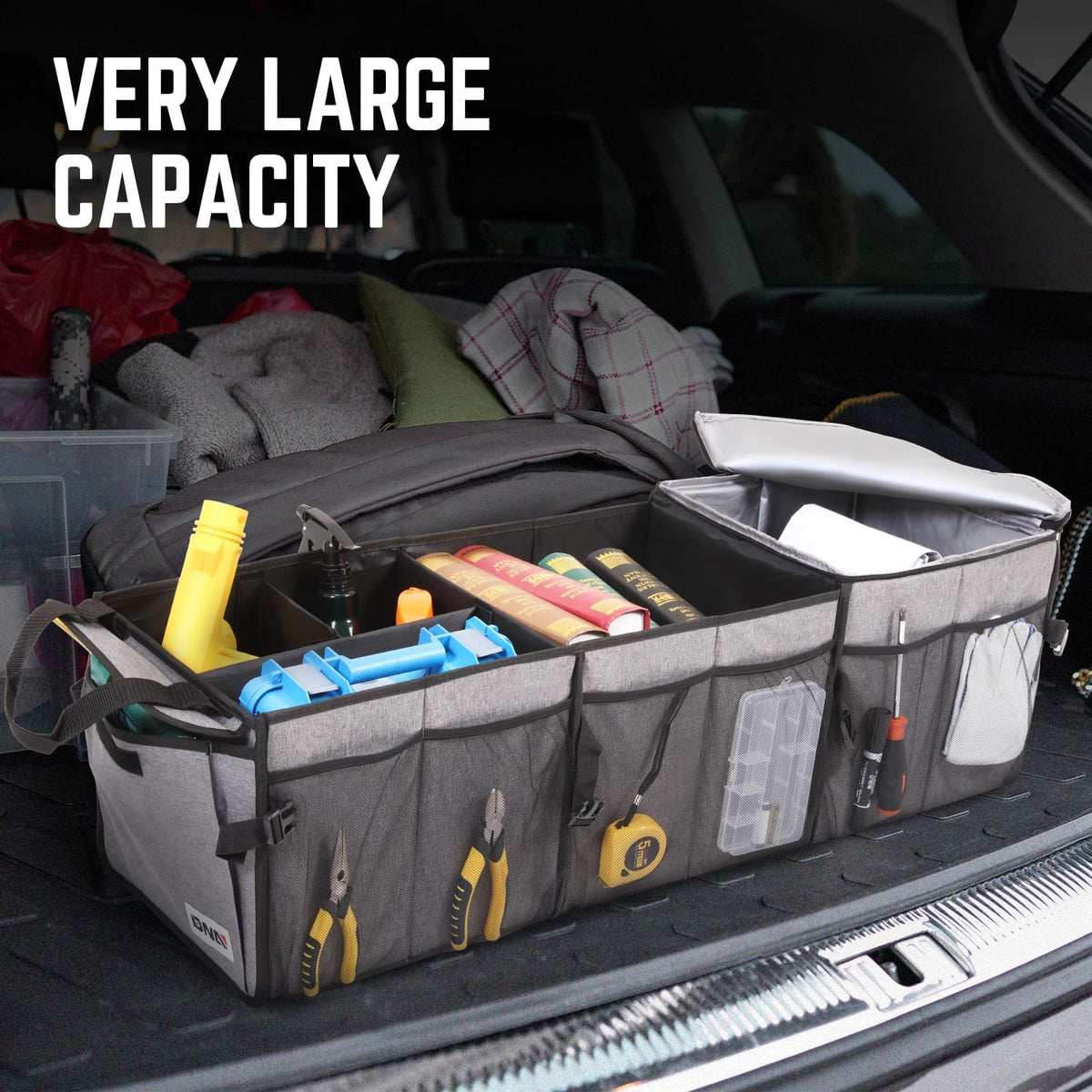 DNA Motoring Trunk Organizer for Car, 90L Large Capacity Foldable Trunk Organizer, Multi Compartment Car Trunk Organizer for Women Men, Grey, TOOLS-00421