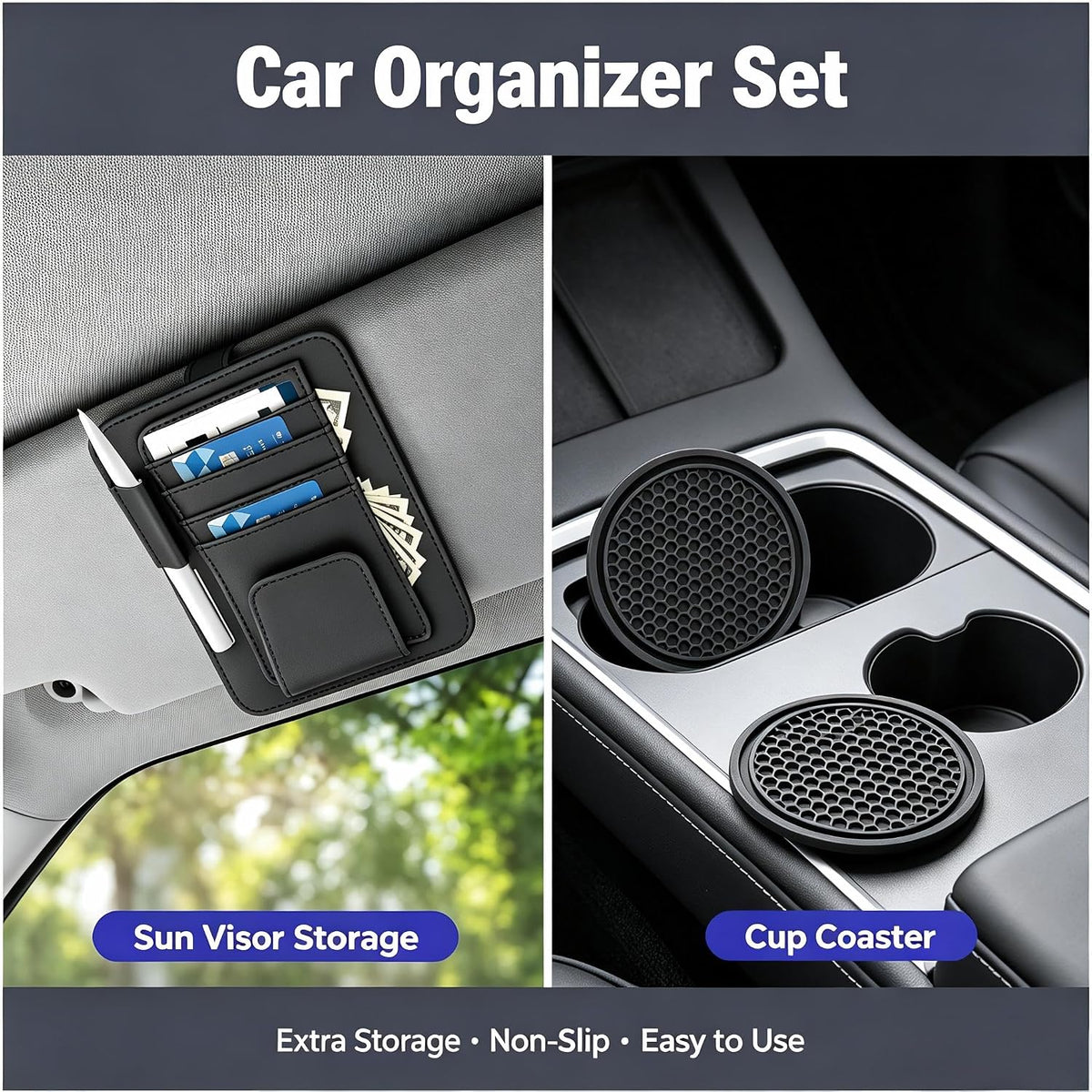 10 PCS Car Interior Organizer Accessories Set, Car Storage Kit with Seat Gap Organizer, Tissue Holder, Sun Visor Card Clip, Headrest Hooks, Cup Coasters & Keychain for Cars, SUVs (10-Pcs)