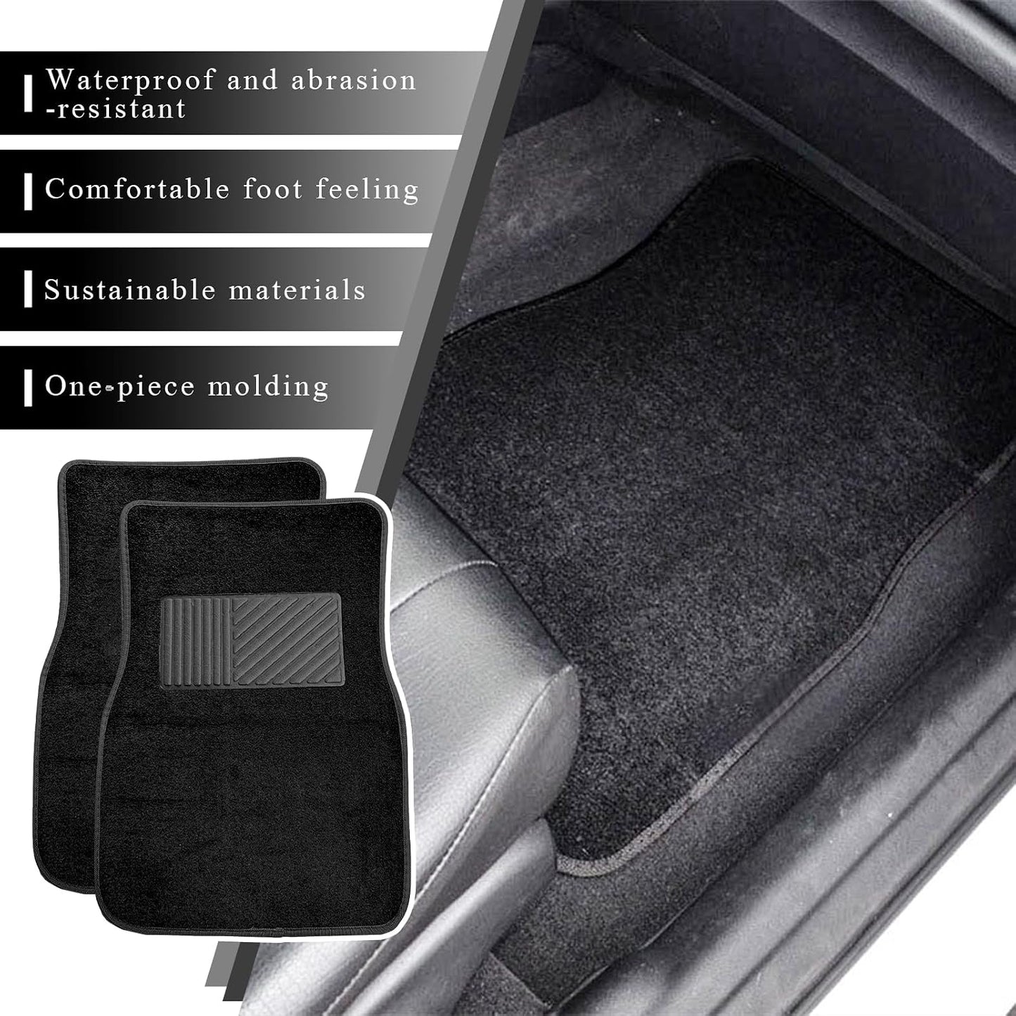 4PCS Car Floor Mats, Anti-Slip Waterproof Car Carpets with Safety Heel Pad, Heavy Duty Floor Mat for All Weather Protection, Universal Trim to Fit for Sedans Trucks SUVs (Black)
