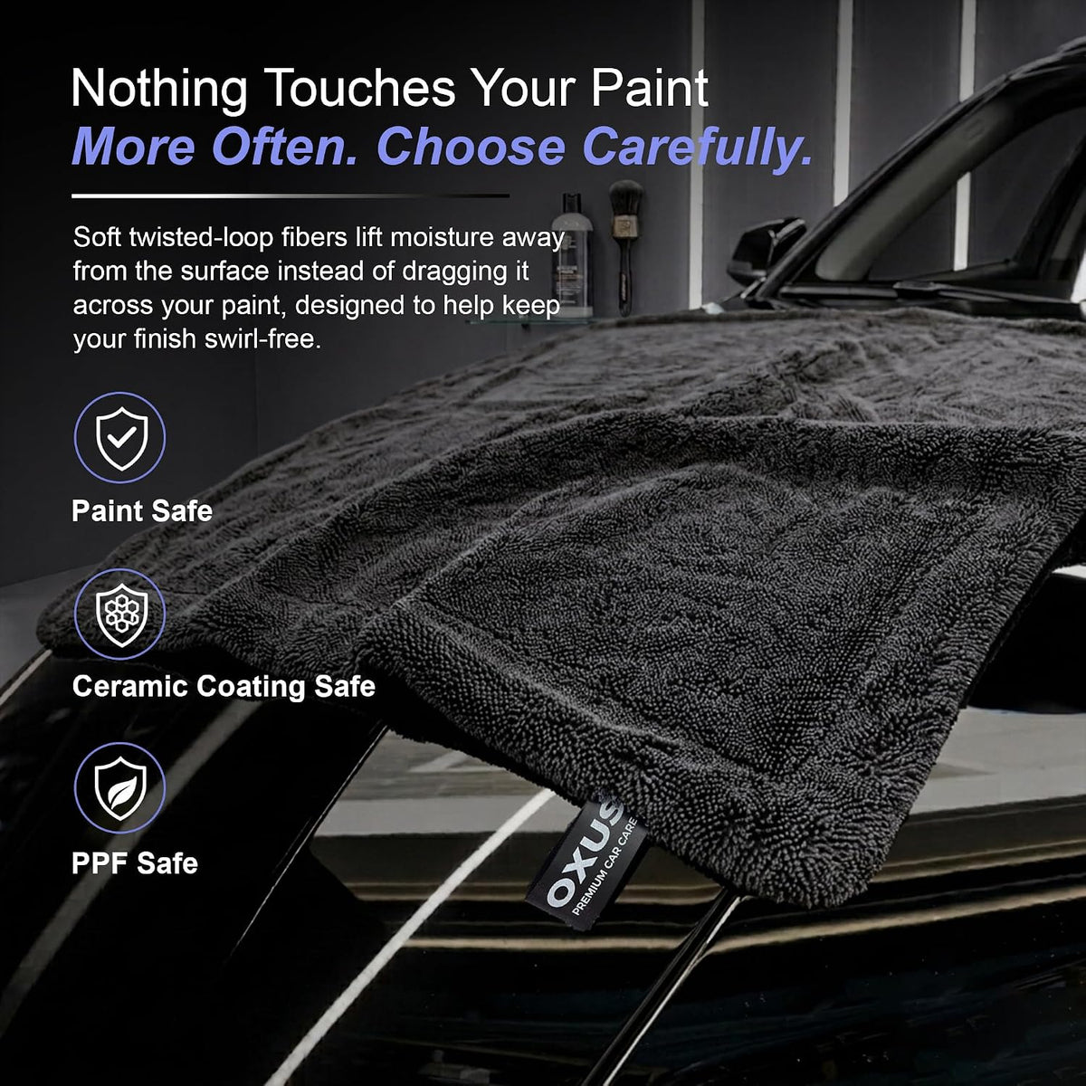 OXUS 1300 GSM Microfiber Car Drying Towel – Double Sided Twisted Loop, 24x36 Inch, Swirl-Free, Scratch-Free, Ceramic Coating & PPF Safe