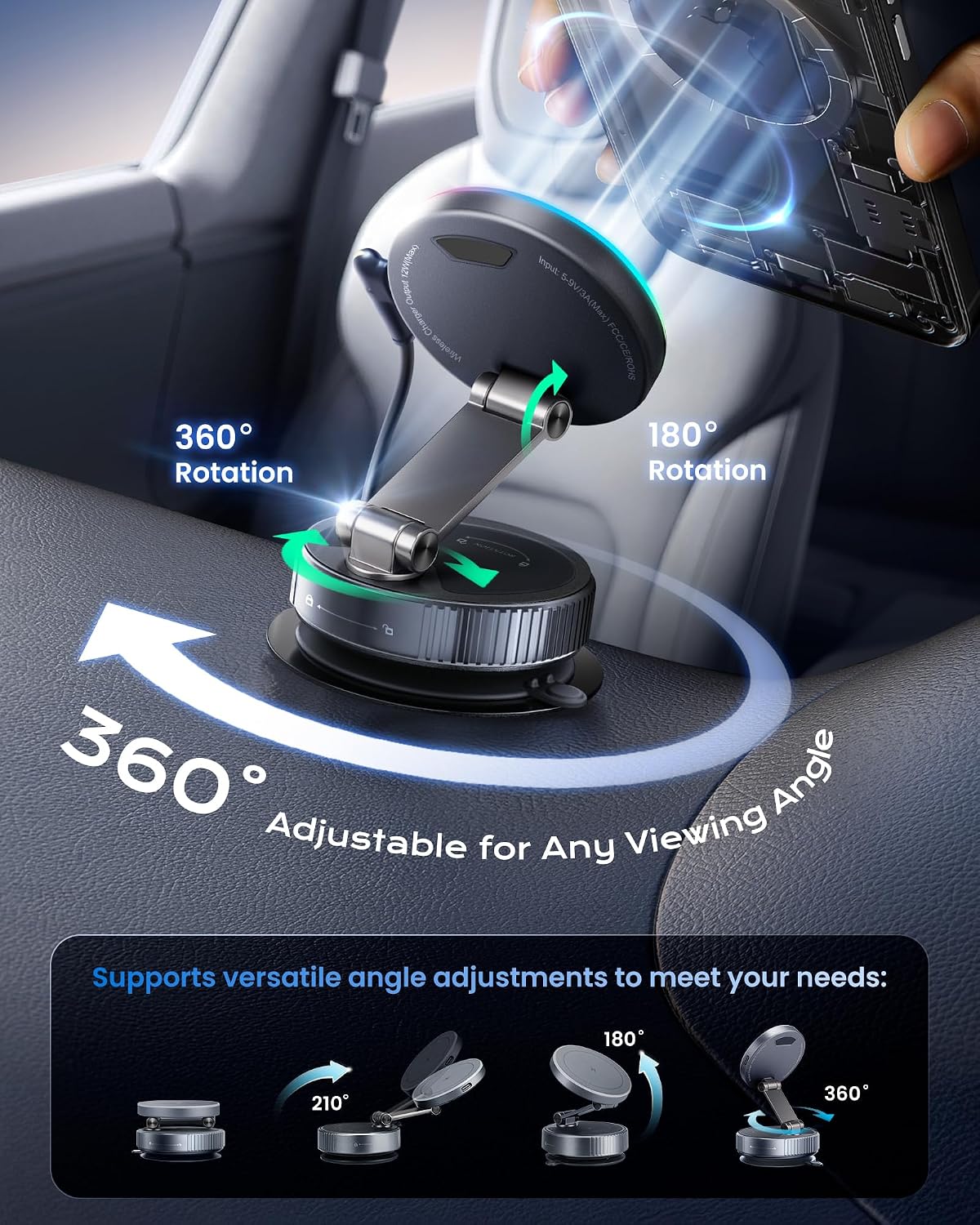 MagSafe Car Charger Mount, 15W Fast Wireless Charging Phone Holder, 108LB Vacuum Suction Cup & 3800gf Strong Magnet, 360° Adjustable Dashboard Windshield Mount for iPhone 17 Pro Max/17 Air/16-12