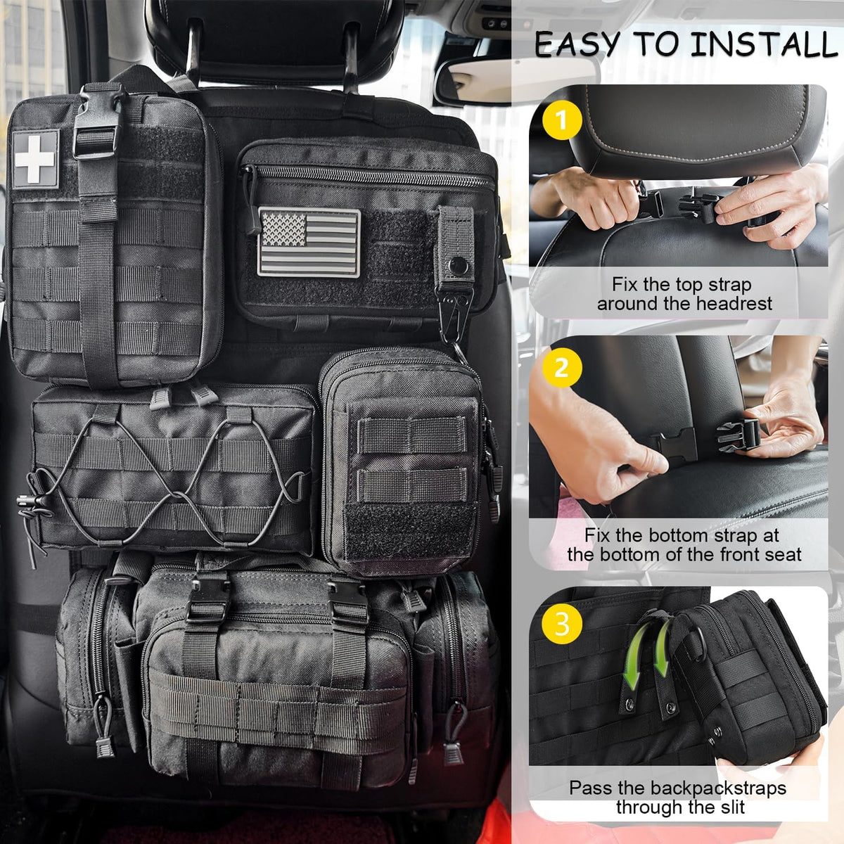 Tactical Car Seat Back Organizer, 2025 Upgrade Tactical Vehicle Panel Organizer with 5 Detachable Molle Pouch for Car Truck Ford Jeep Vehicle