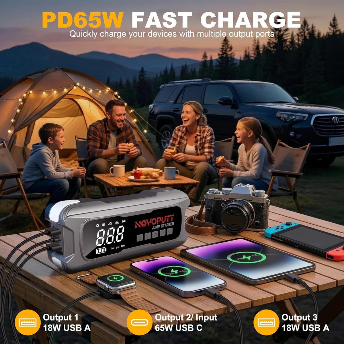 6000A Jump Starter with Air Compressor, PD 65W Fast Recharging,Portable Car Battery Jumper Starter for All Gas &10.0L Diesel, Dual Cylinder Fast Inflator with Light,12V Battery Booster Emergency Kit
