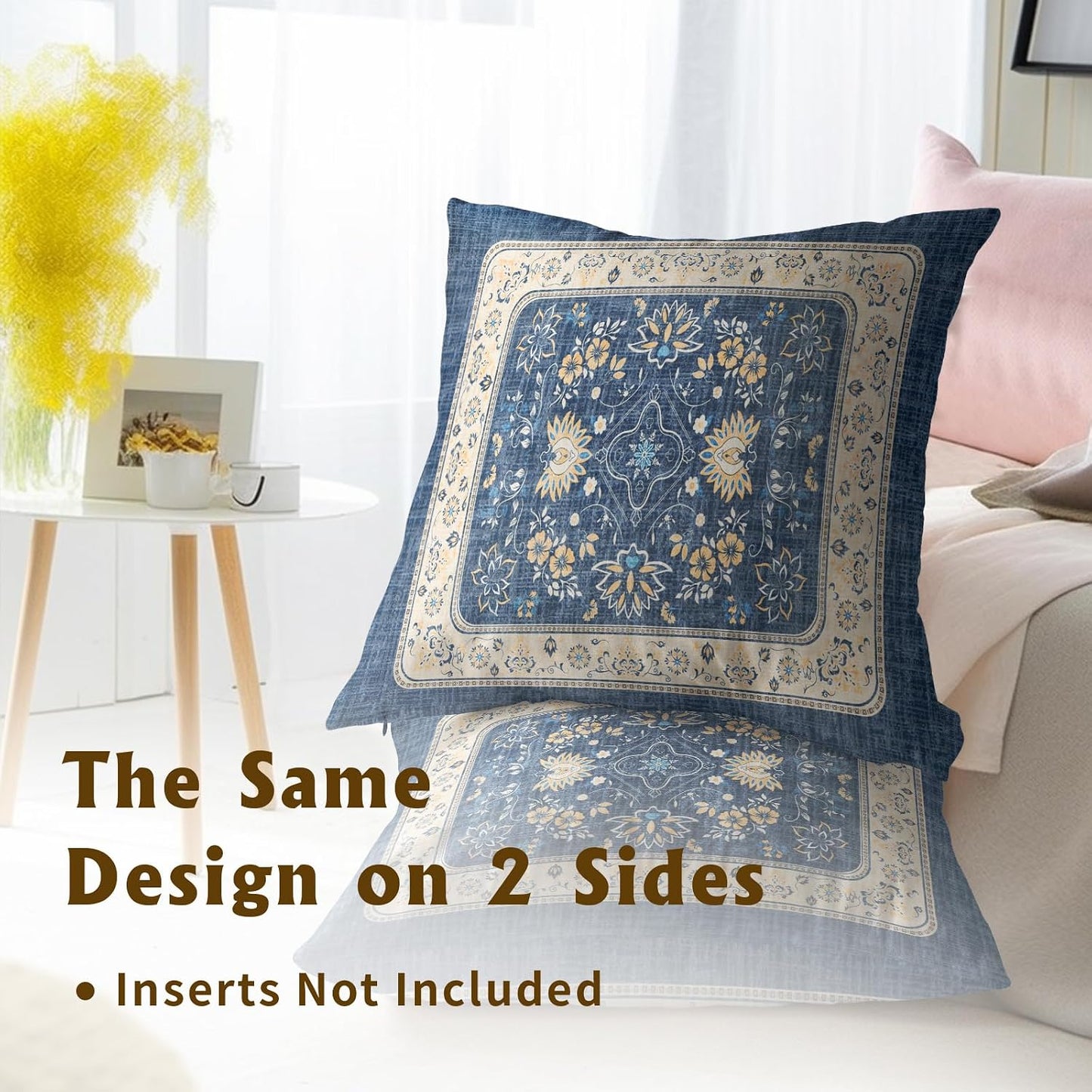 Giwawa Blue Boho Throw Pillow Covers 16x16 Inch Ethnic Floral Decorative Pillow Cases Set of 2 Square Cushion Covers for Sofa Couch Outdoor Decor