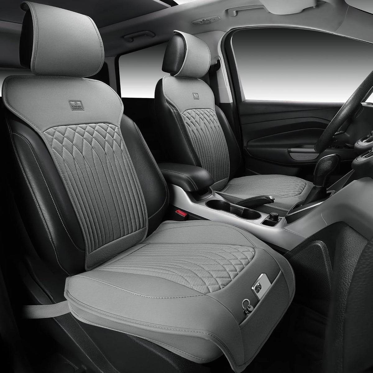 CAR PASS Car Seat Protector, Sideless Seat Covers for Cars, All Season Waterproof Nappa Leather Breathable Front Seats Cushion with Storage Pocket Universal Fit Vehicle Car SUV Truck, 2 Pack All Black