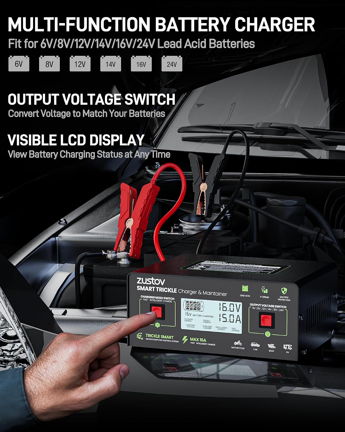 Battery Charger Multi-Voltage 6V/8V/12V/14V/16V/24V for Lead-Acid Batteries
