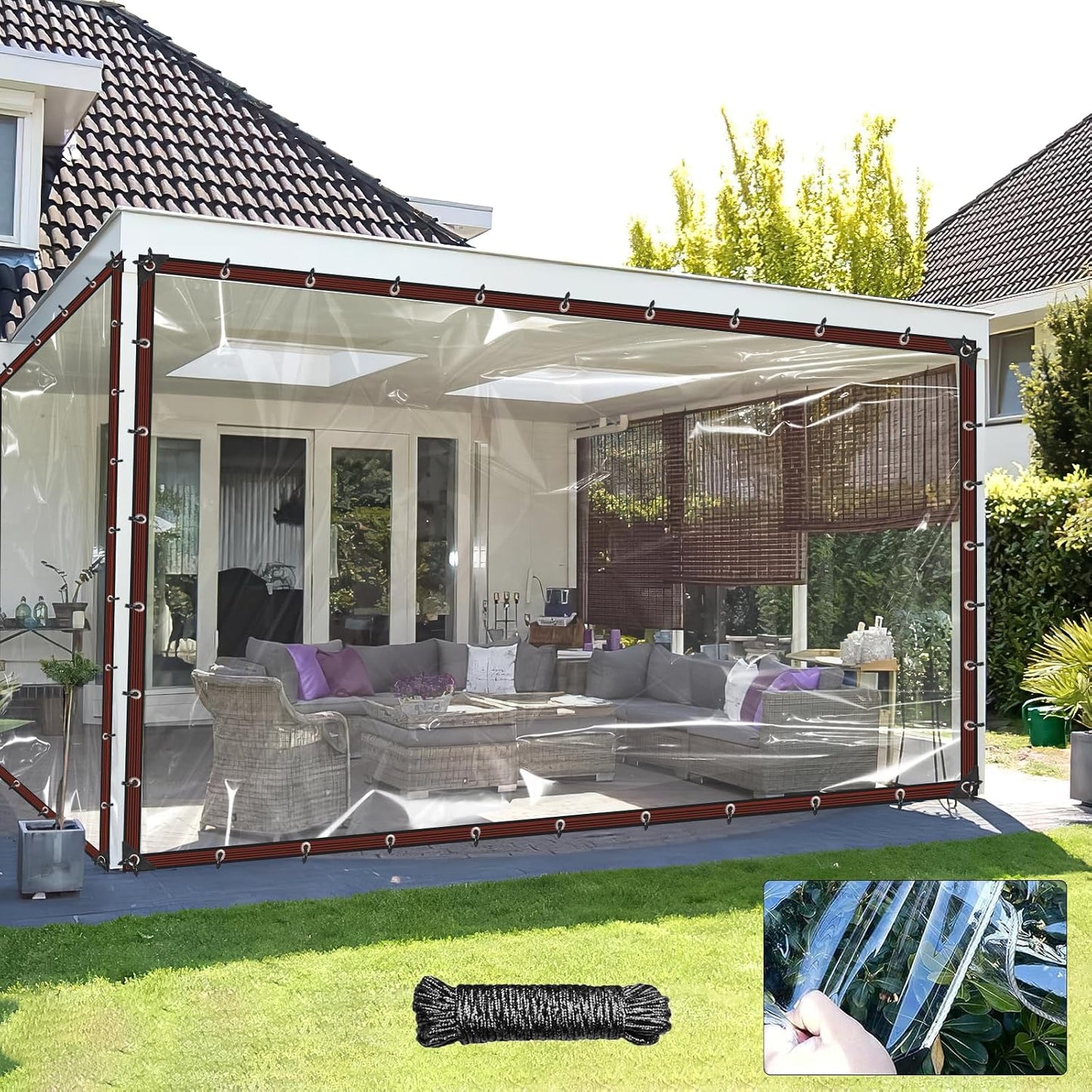 6.6X20FT Clear Waterproof Tarps (Increase Grommets, 33FT Windproof Rope Ties) Heavy Duty Poly Tarpaulin Outdoor Rainproof Covering, Clear Plastic Vinyl Tarp for Patio Covering Henhouse Porch Canopy