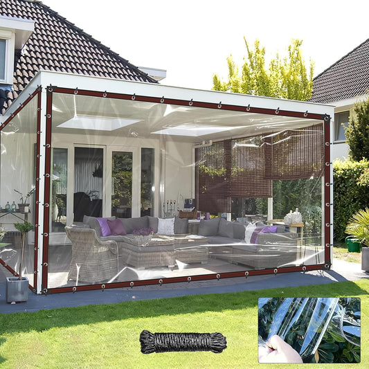 6.6X20FT Clear Waterproof Tarps (Increase Grommets, 33FT Windproof Rope Ties) Heavy Duty Poly Tarpaulin Outdoor Rainproof Covering, Clear Plastic Vinyl Tarp for Patio Covering Henhouse Porch Canopy