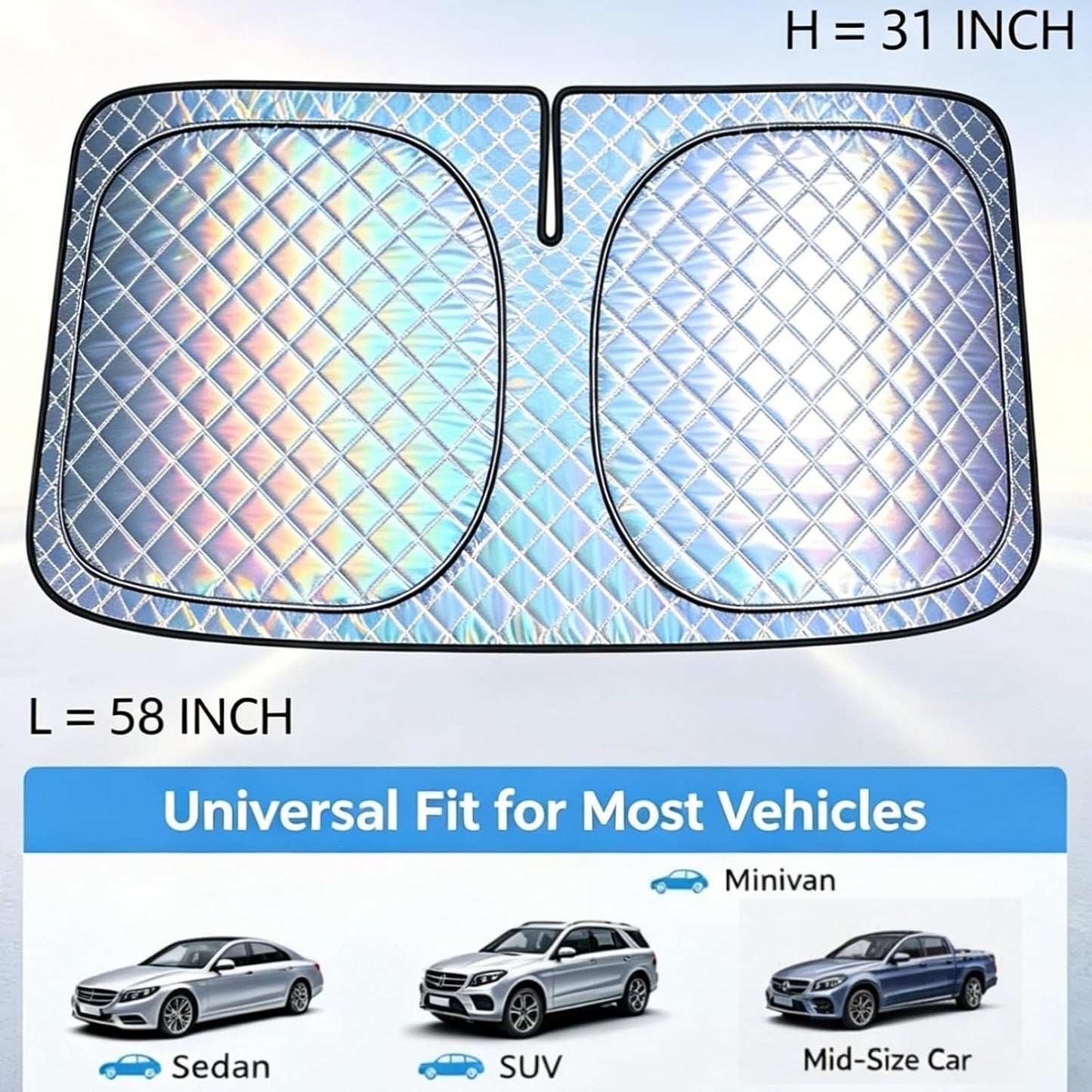 Foldable Windshield Sunshade | 5-Layer Laser Reflective Oxford Fabric Car Sun Shade with Steel Frame | UV Protection Heat Shield Sun Visor | Keeps Interior Cool & Protects Dashboard L(58 * 31 inch)