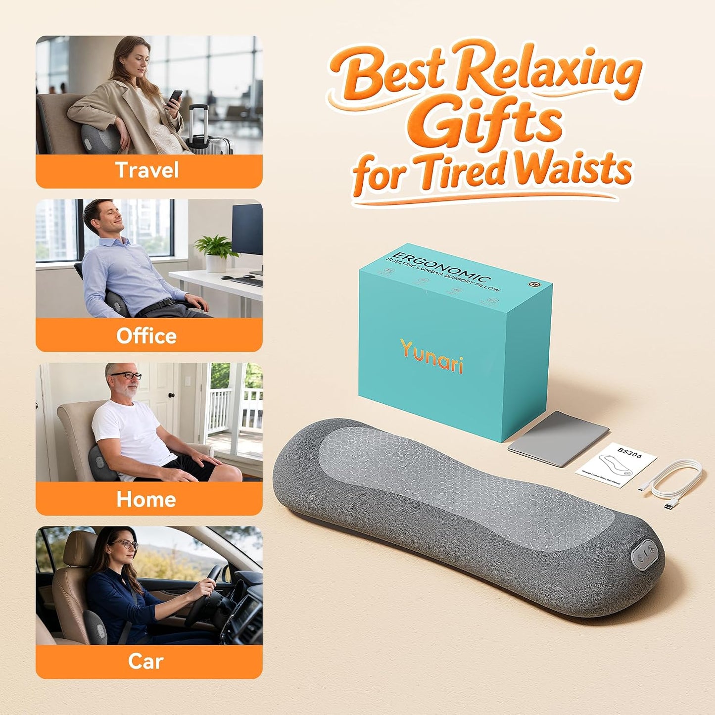 Yunari 2026 Upgraded Cordless Triple Fusion Back Massager, Lumbar Support Pillow with Heat, Vibration and Dual Airbag Stretching, Ideal for Home, Office, Car and Travel(Gray,5.79"/10.91"/7.68")