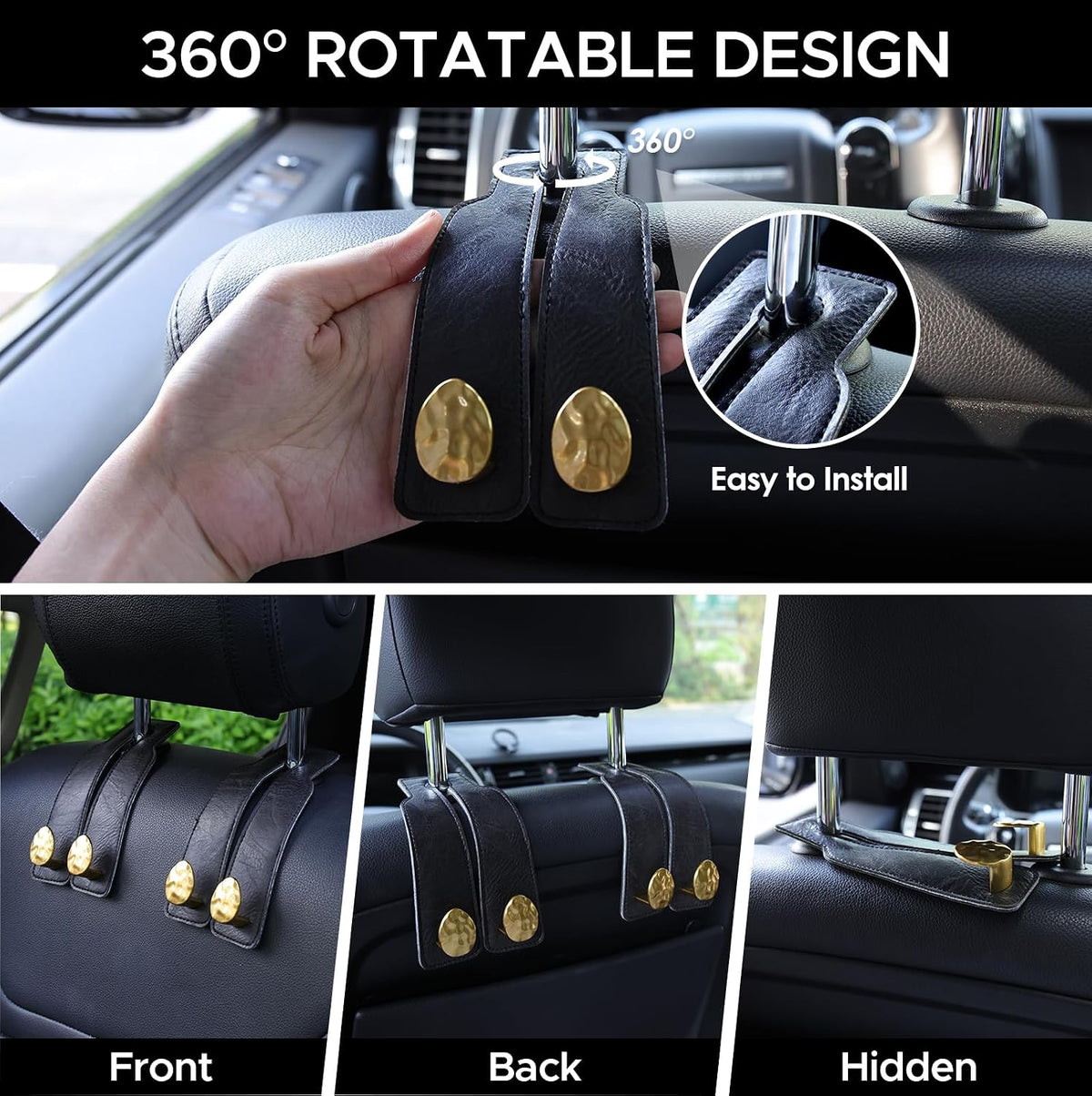 Leather Car Purse Hook for Headrest, 2 Pack, Black-Gold