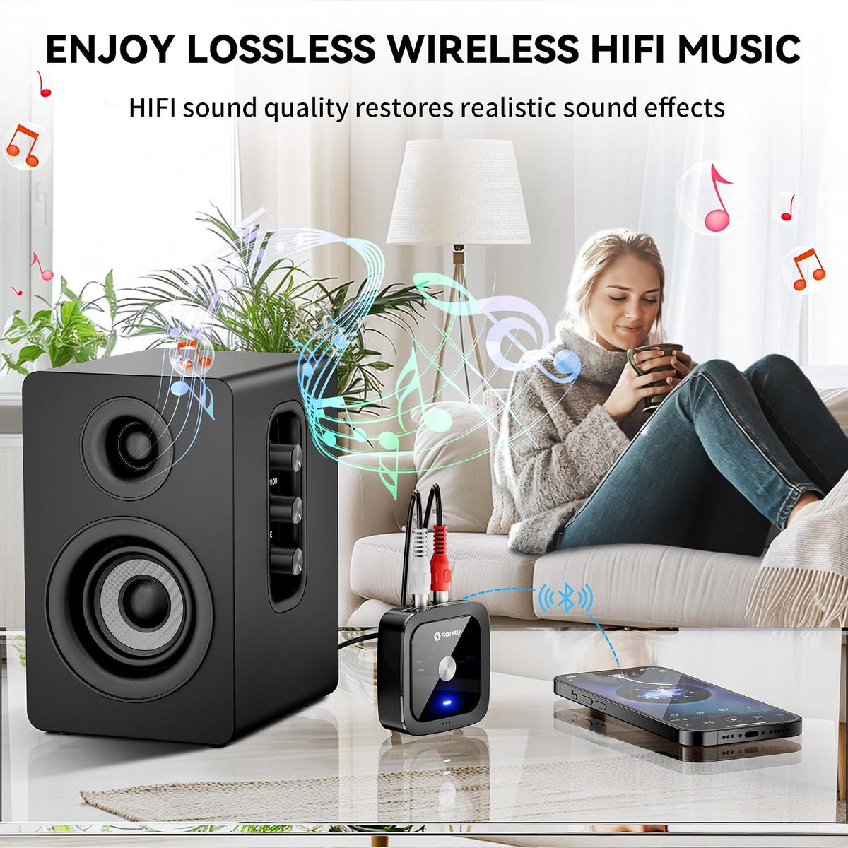 SONRU Bluetooth 6.0 Receiver, Bluetooth Adapter for Old Receiver, Low Latency, 24-Hour Battery Life with AUX 3.5mm/RCA, HiFi Wireless Audio Adapter for Speakers/Home Music Streaming Stereo System