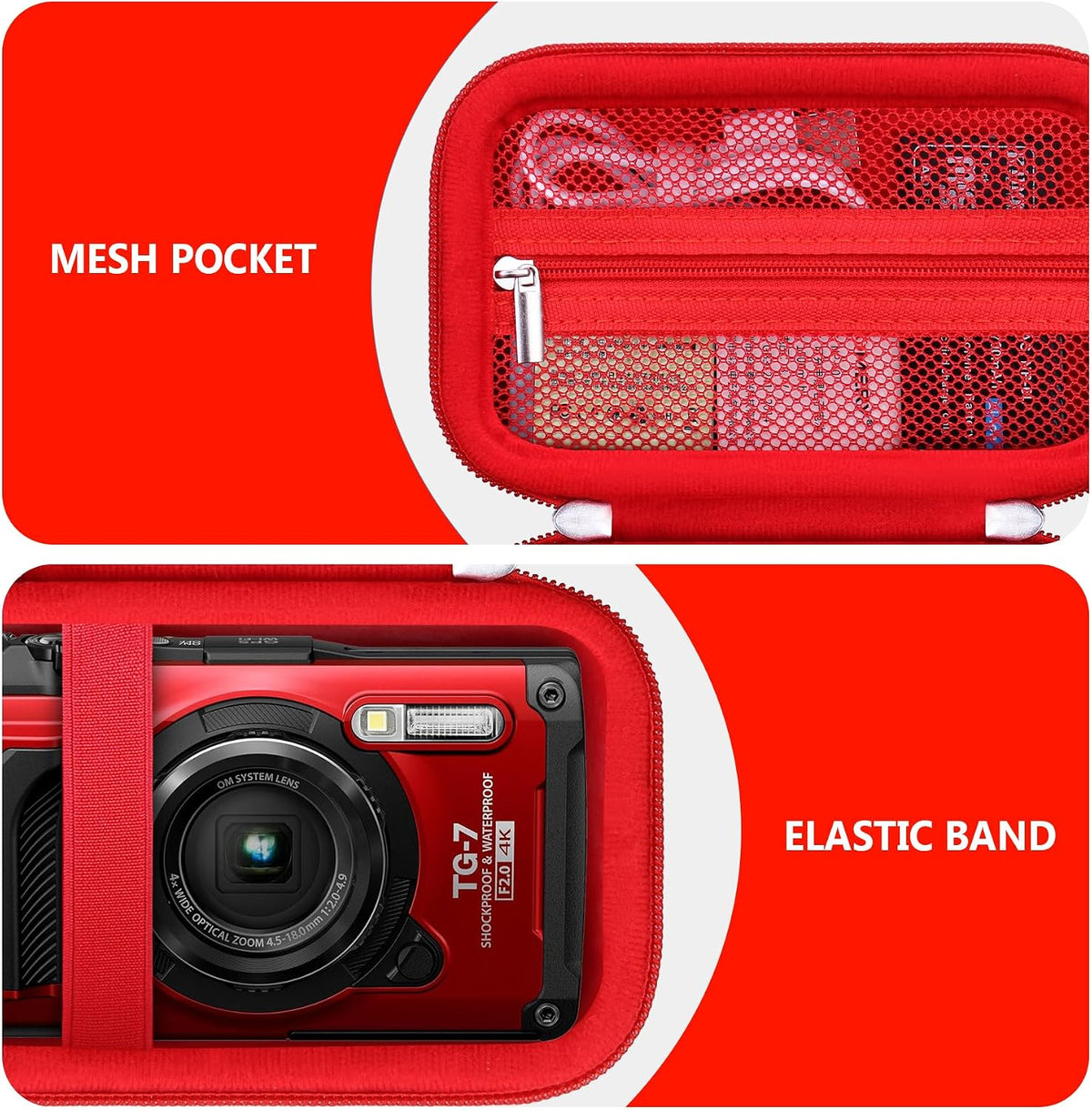 Carrying Case for OM System OLYMPUS Tough TG-7 / Tough TG-6 / TG-5 / TG-4 Underwater Digital Camera, Storage Holder Travel Bag with Mesh Pocket for Battery Pack, Charging Cable, Red