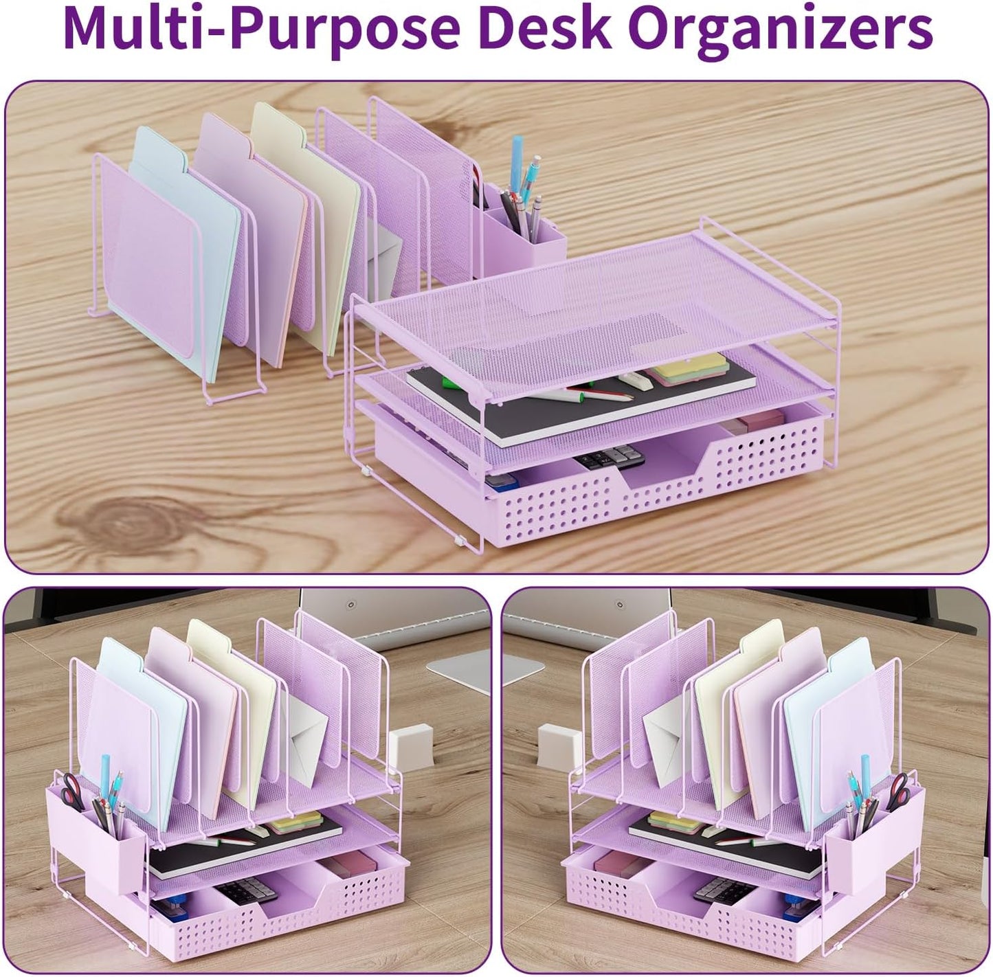LEKETREE Desk Organizer, Office Organization with Vertical File Holder, File Organizer with Drawer and Pen Holder, Desk Accessories and Workspace Organizers for Home Office (Purple)
