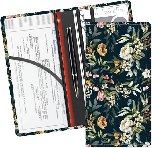 Leather Car Registration and Insurance Card Holder, Cute Car Accessories Vehicle Glove Box Car Organizer for Documents, Cards, License Boho Luxury Flowers