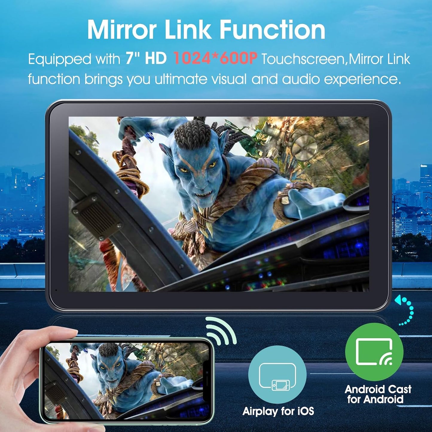 Wireless CarPlay Screen for Car, 7" HD Portable Stereo Touchscreen with Apple CarPlay & Android Auto, CarPlay Screen with Backup Camera, Mirror Link, Bluetooth, Navigation for All Vehicle