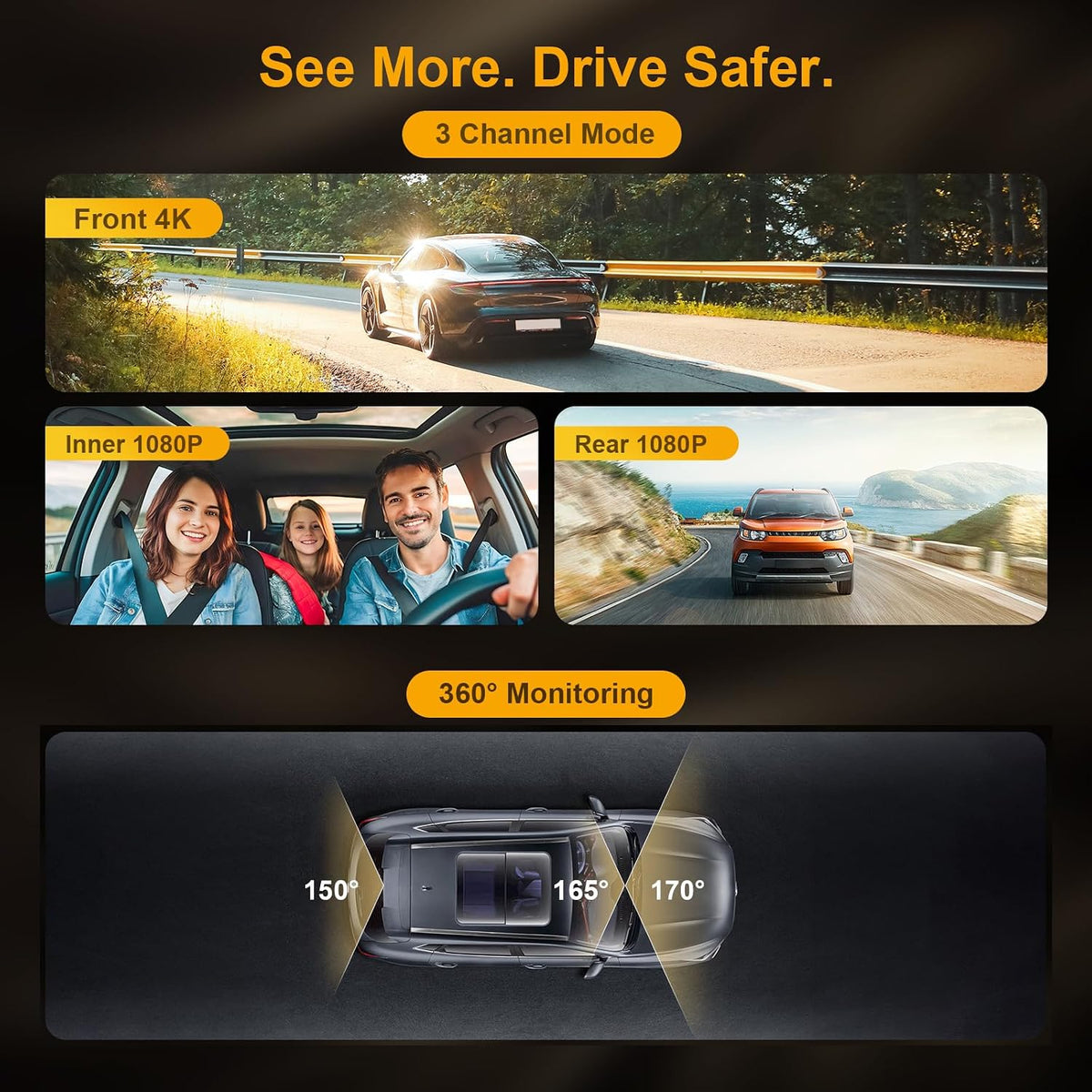 3 Channel Mirror Dash Cam with Front 4K, in-Cabin & Rear 1080P Cameras, Enhanced Night Vision, G-Sensor & Parking Monitor, 64GB Card Included, Triple Rear View Mirror Camera for Cars & Trucks