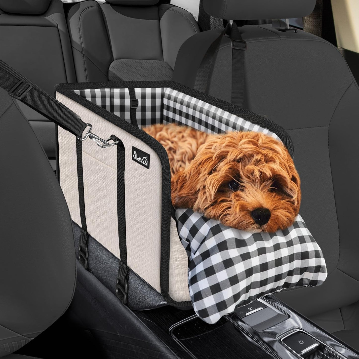 SlowTon Console Dog Car Seat - Portable Dogs Armrest Booster Seat for Small Dog, Anti-Collapse Pet Car Seat with Soft Cushion Safety Belt, Support Pet Up to 11lbs (Black)