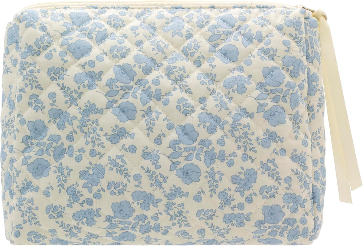 3 Piece Quilted Makeup Bag Set for Women,Cosmetic&Toiletry Bag,Floral White