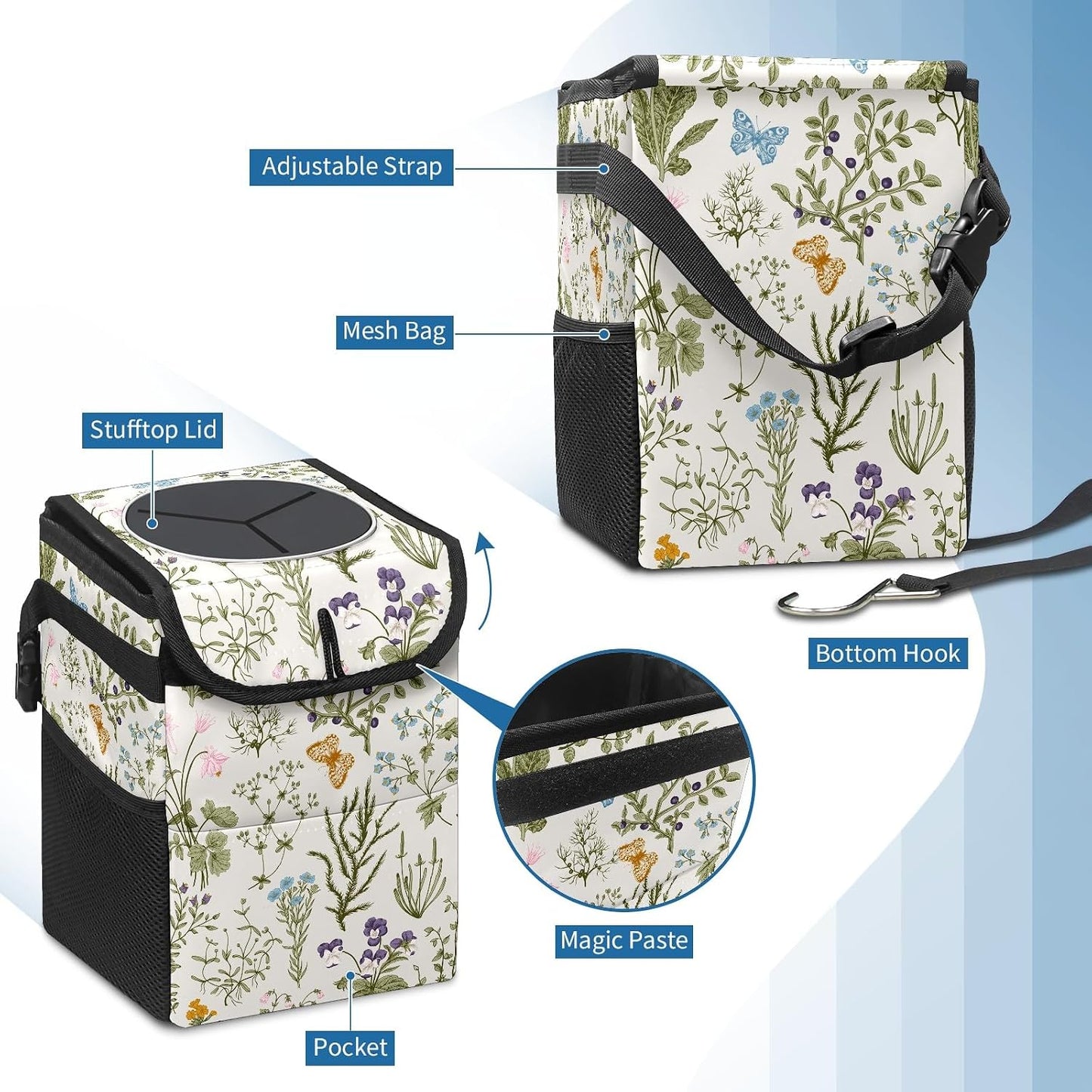 Car Trash Can with Lid Vintage Botanical Wildflowers Collapsible Reusable Leak-Proof Auto Garage Bag,Hanging Vehicle Car Accessories Interior Car Organizer