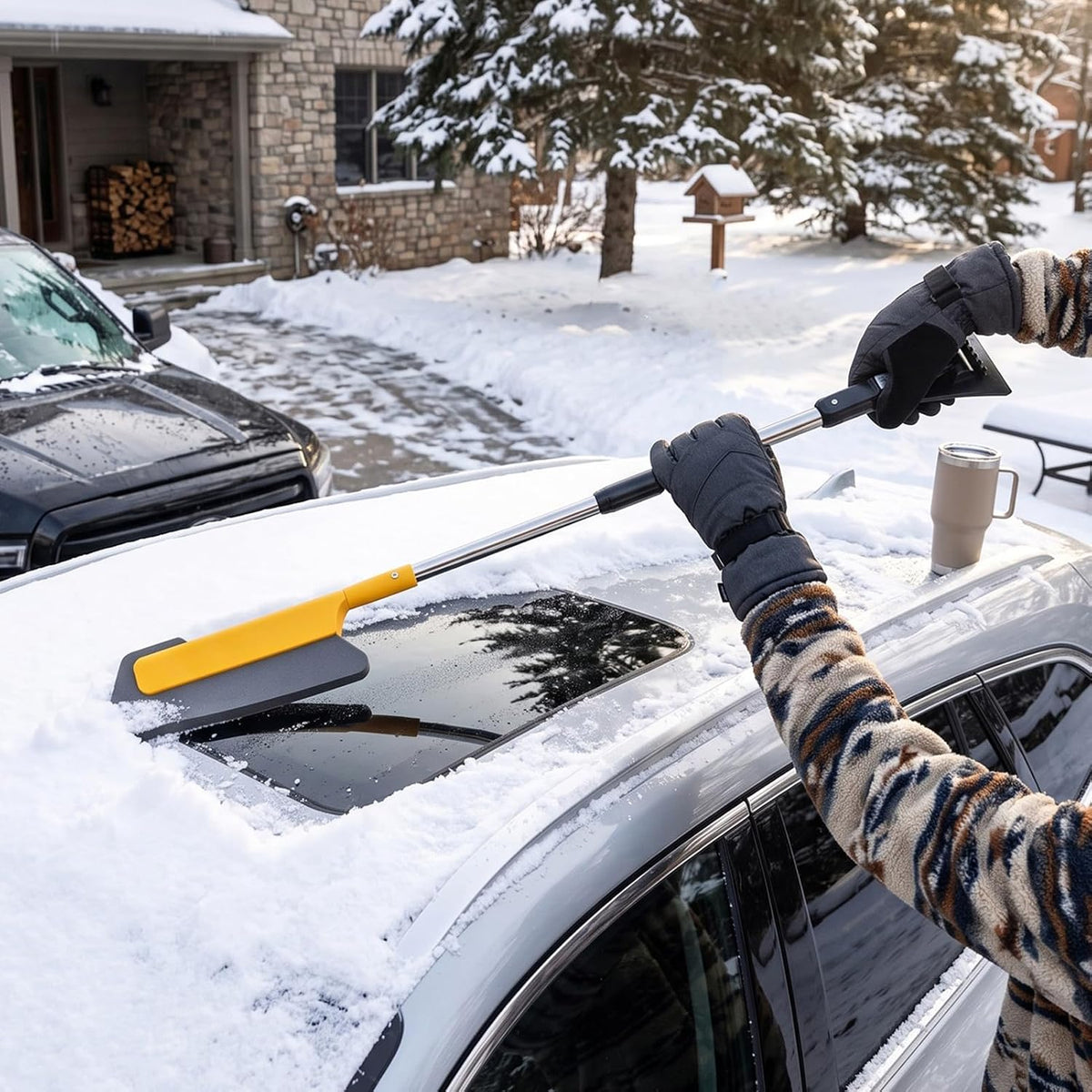 Car Snow Brush, 78-94cm Extendable, Serrated Blade
