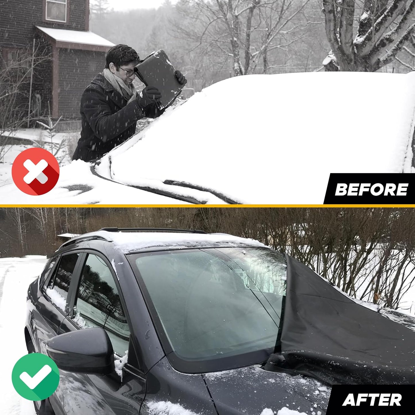 EcoNour Car Windshield Cover for Ice and Snow, Windshield Snow Cover with Side Mirrors Cover for Snow, Ice, UV Fits Most Cars, Trucks, Vans, SUVs, Black