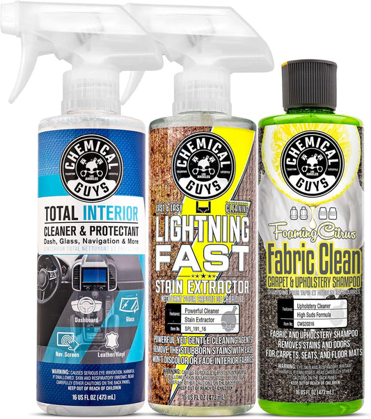 Chemical Guys Basic Carpet Cleaning, Stain Fighting & Interior Cleaning Kit (3 Piece Kit with Total Interior SPI22016, Foaming Citrus Fabric Clean CWS20316 & Lightning Fast Stain Extractor SPI_191_16)