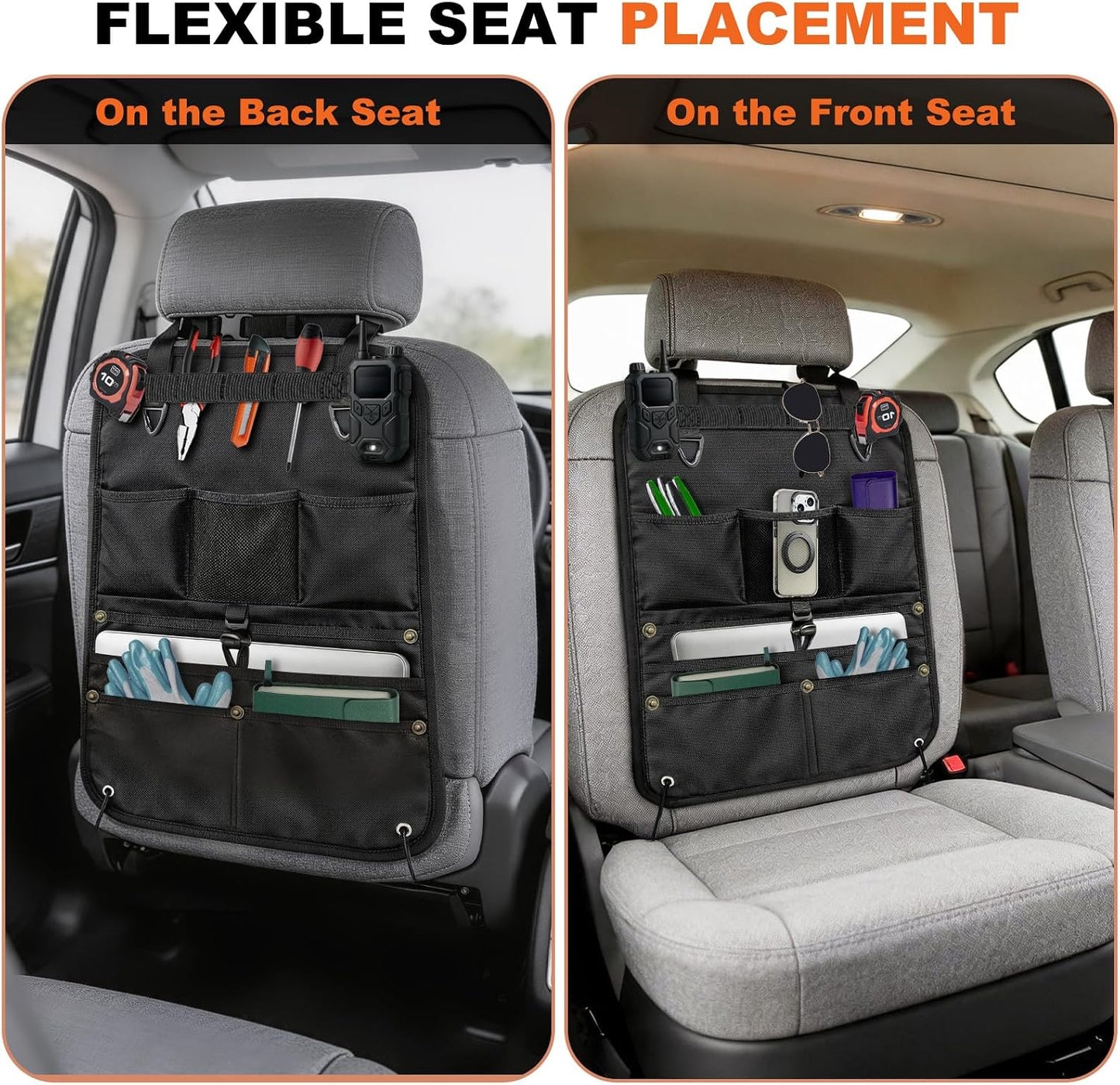 1 Pack Backseat Car Organizer, Heavy Duty Nylon Seat Back Organizer with 7 Storage Pockets, Anti-Swing Straps & Modular Webbing Panel for Cars, Work Trucks, SUVs, and Pickups