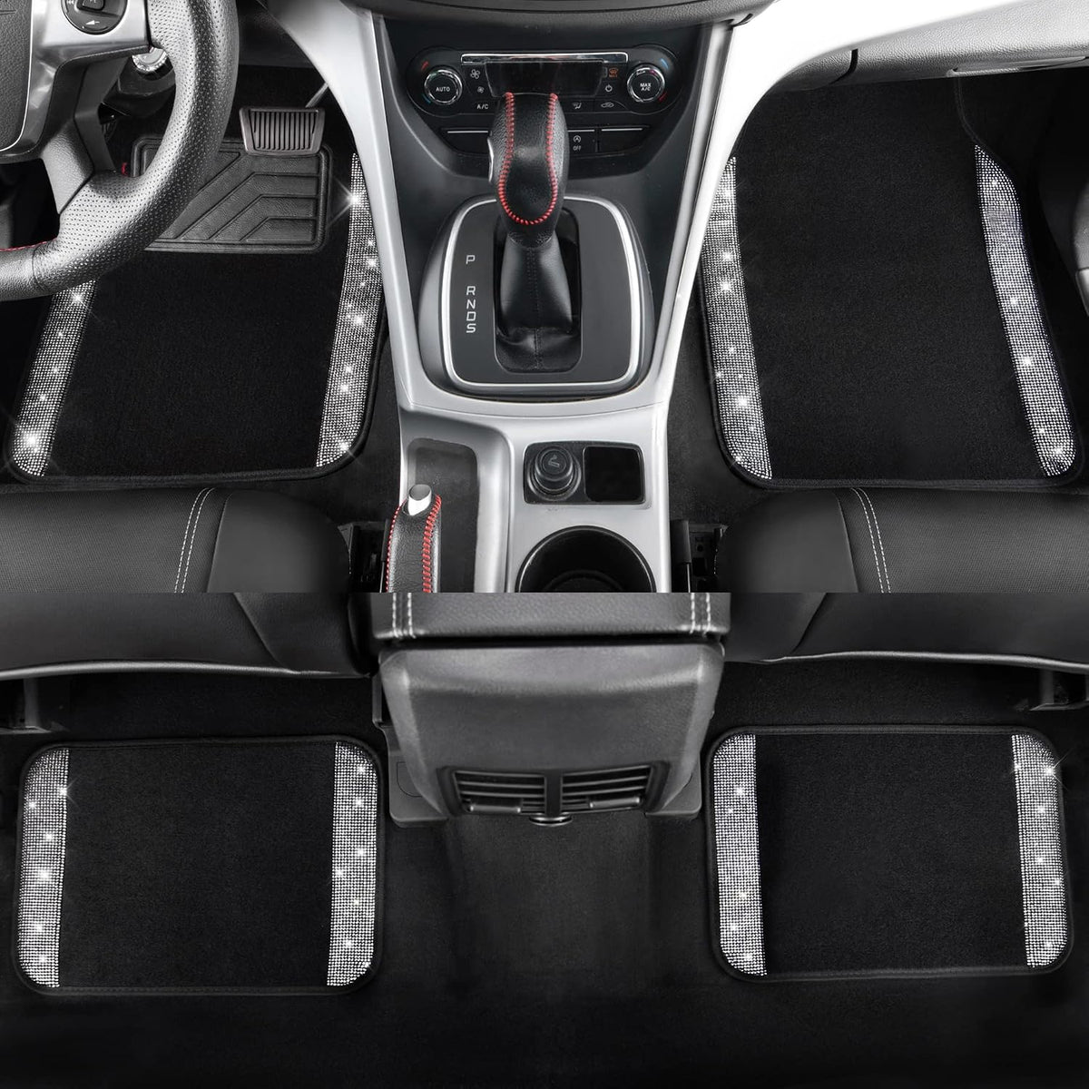CAR PASS Bling Diamond Car Floor Mats, Shining Rhinestone Carpet Sparkly Glitter Crystal with Anti-Slip PVC Heel Pad Waterproof Universal Fit Automotive SUV,Sedan,Van,Cute Girl Women,4pcs Black Sliver