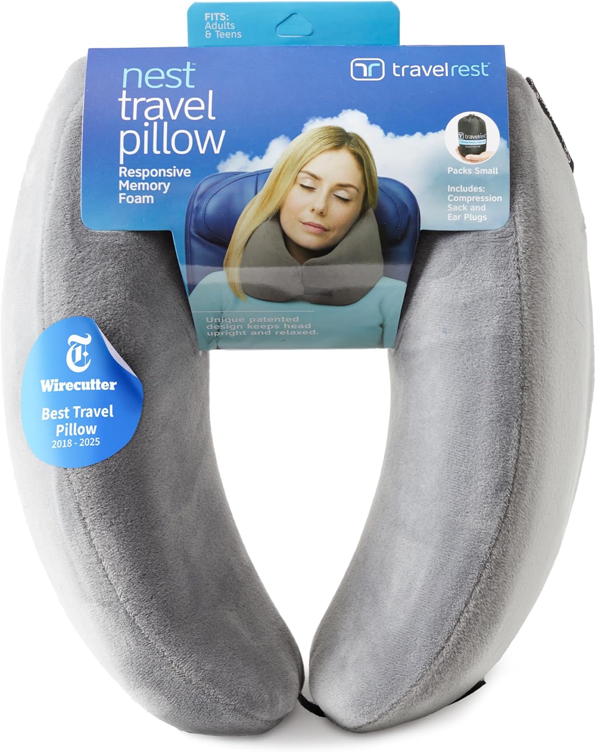 travelrest Sleep Neck Pillow Travel - Travel Essentials, Memory Foam, Neck Support Pillow for Long Flight, Plane Sleeping Accessories, Anti-Slip and Comfortable, Washable, Attaches to Luggage - Gray