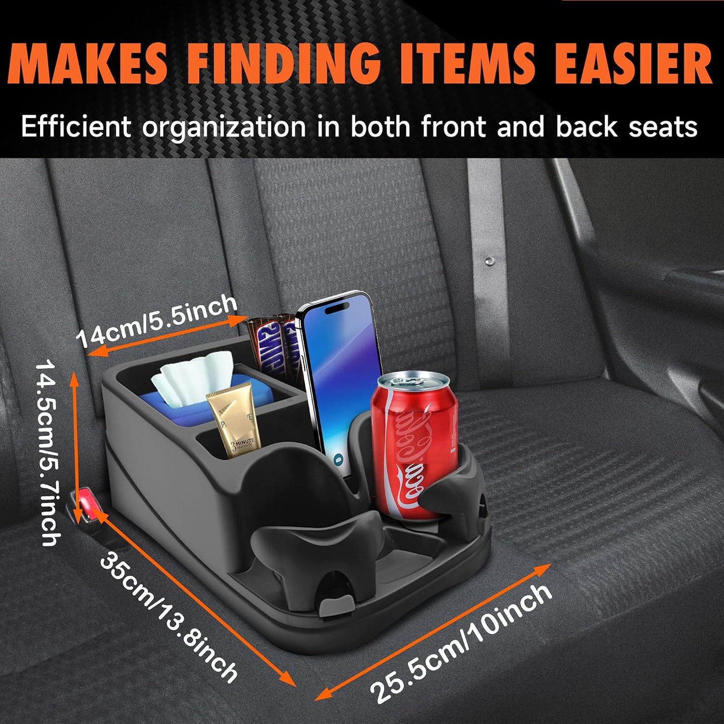 Universal Center Console Organizer for Truck Bench Seat & SUV, Truck Floor Console with Expandable Cup Holders, Fits Silverado Minivan, Stable Transmission Hump Storage Box for Car Backseat (Black)