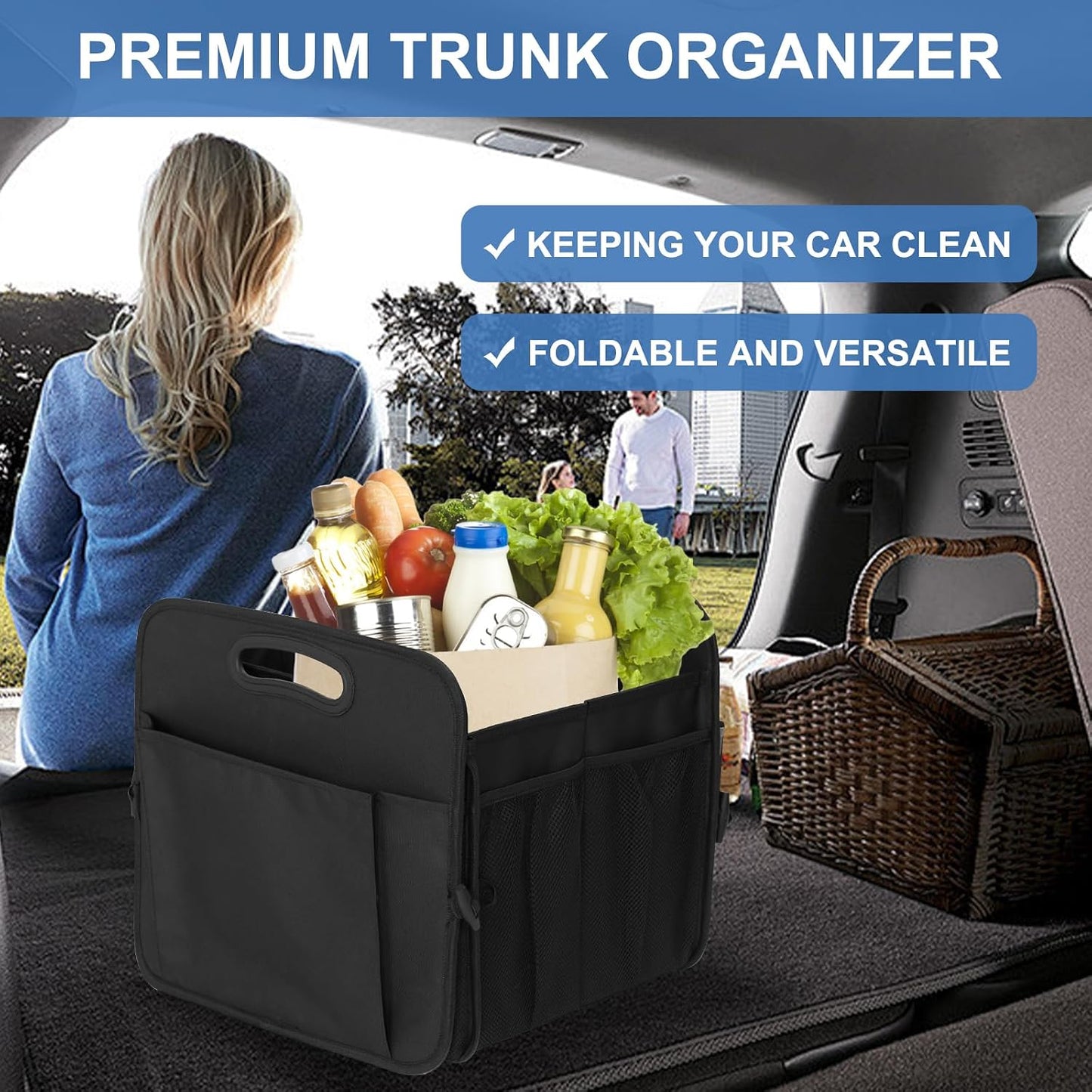 Trunk Organizer, Collapsible Waterproof Multi-Functional car Trunk Grocery Organizer Storage for SUVs & Sedans, Car Accessories for Women/Men, 3 Compartments