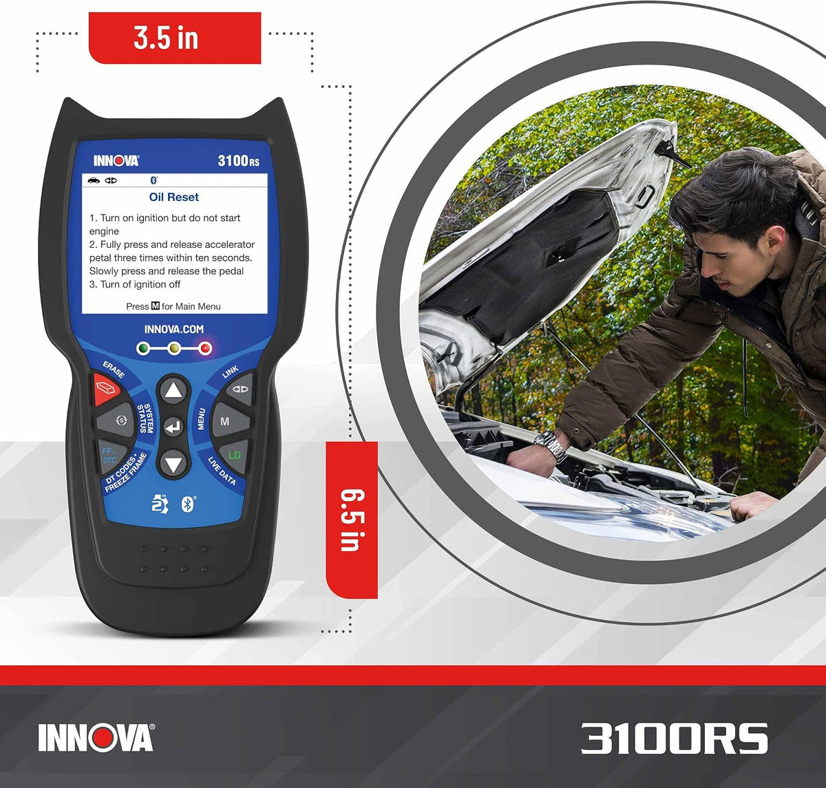 INNOVA 3100RS, OBD2 Scanner, ABS SRS Airbag Scan Tool with Airbag Light & Oil Light Reset, Stream Graph & Record Live Data, Get Suggested Repair & Parts on iPhone or Android