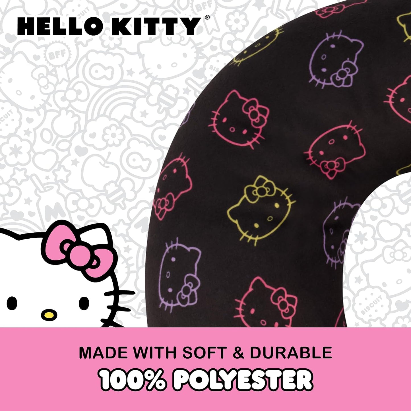 Hello Kitty Neck Pillow, Memory Foam Travel Accessories for Airplane, Car, and Office, Comfortable and Breathable, Black