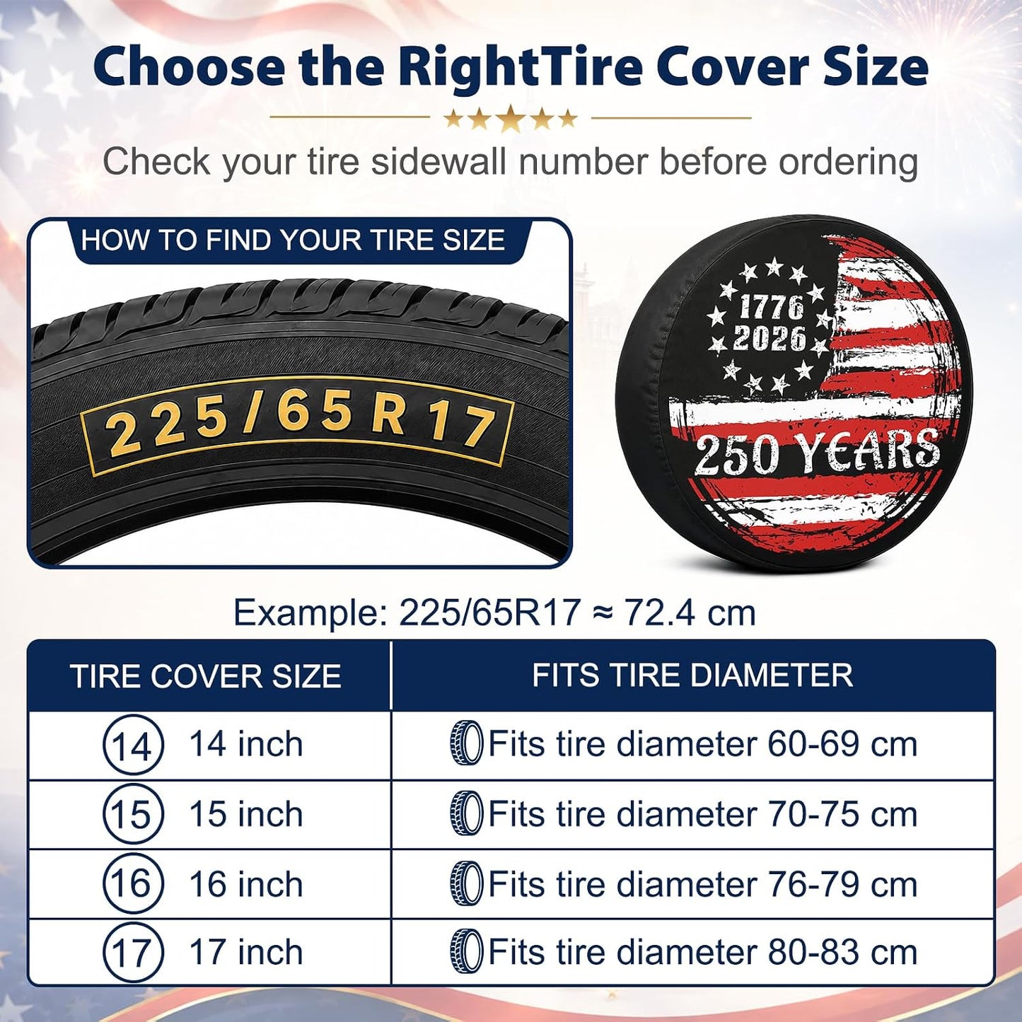 American Flag Spare Tire Cover 1776-2026 250 Years Vintage Patriotic Design, Weatherproof Dust-Proof Sun Protection Wheel Cover for Truck SUV RV Camper Trailer Outdoor Accessories